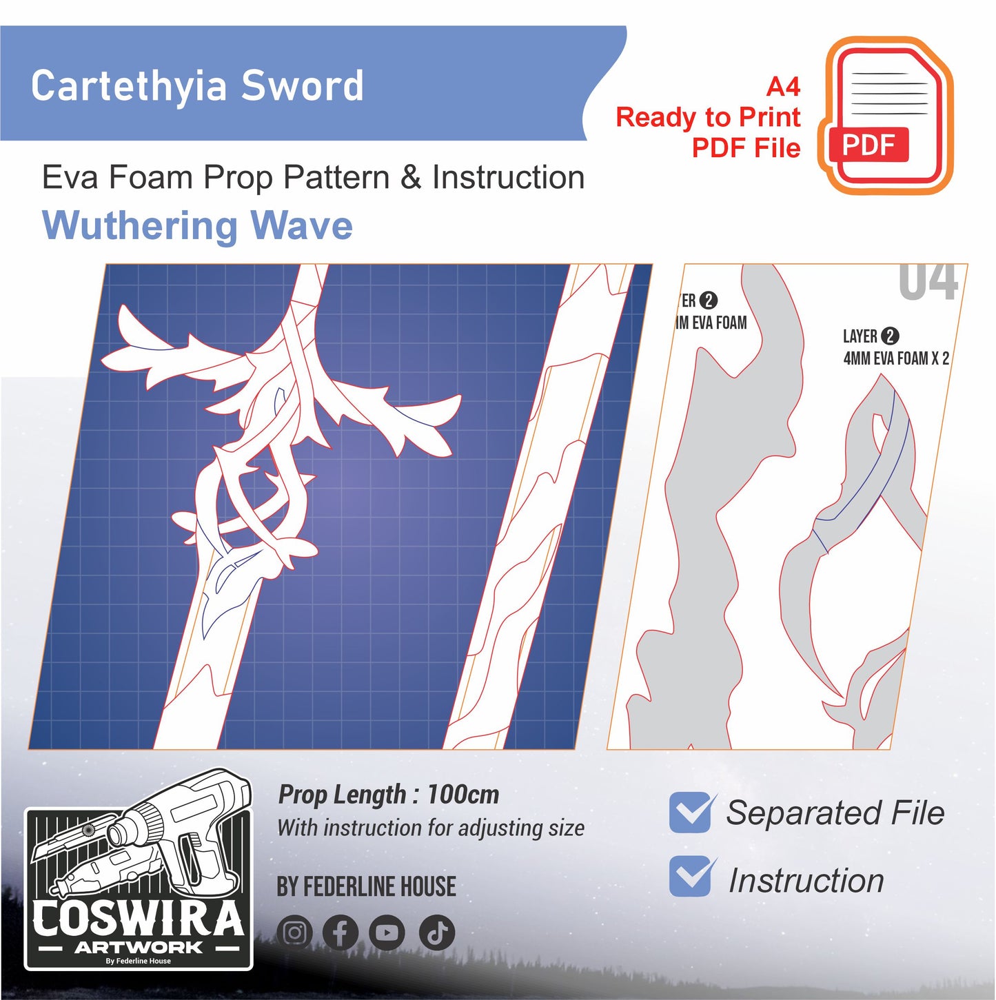 Prop Pattern: Cartethyia Sword from Wuthering Wave Cosplay Template Blueprint PDF
