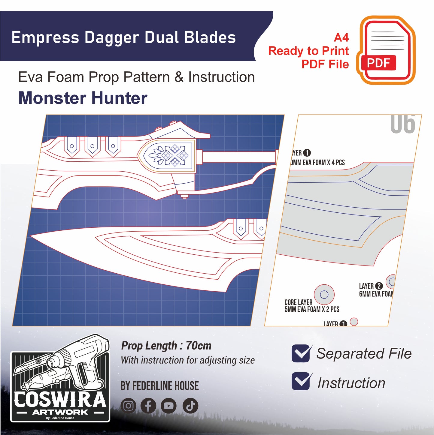 Prop Pattern: Empress Dagger Dual Blades from Monster Hunter Cosplay Template Blueprint PDF