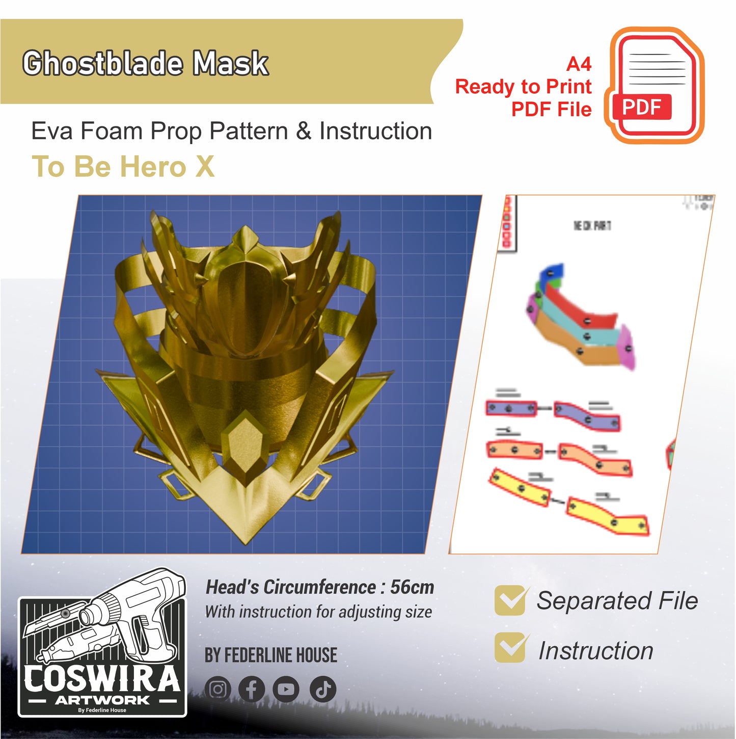 Ghostblade Mask Prop Pattern Template – EVA Foam Pattern for Cosplay & DIY Builds Inspired by To Be Hero X
