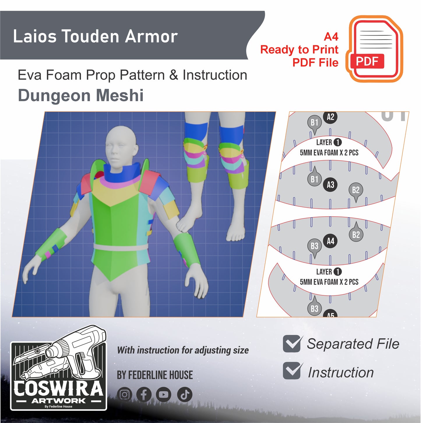 Prop Pattern: Laios Touden Armor from Dungeon Meshi Cosplay Template PDF