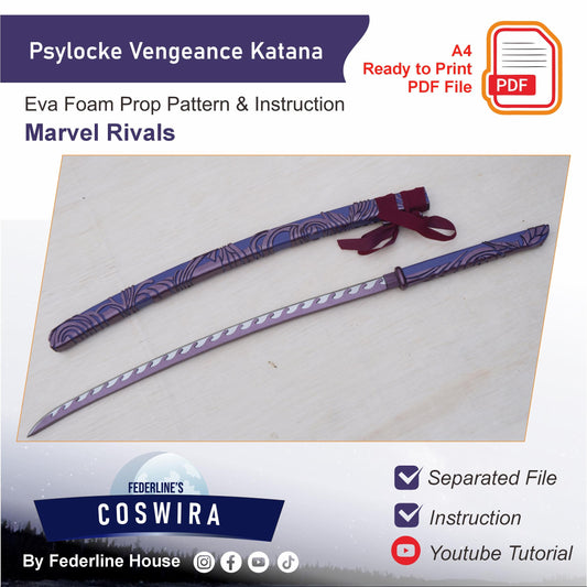 Pattern + Video on YouTube: Eskay Psylocke Vengeance Katana from Marvel Rivals Cosplay Template Blueprint PDF