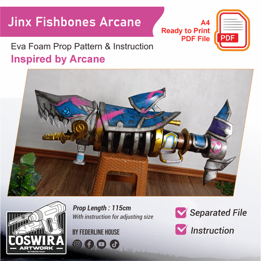 Pattern + Video on YouTube: Jinx Cosplay Fishbones Rocket Launcher from Arcane League of Legends Cosplay Template Blueprint PDF