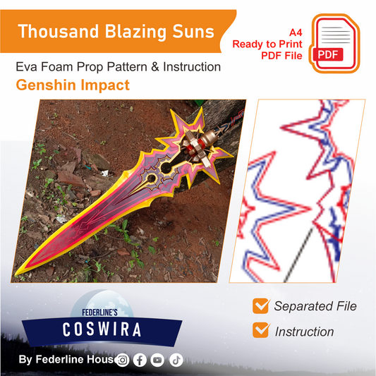 Pattern + Video on YouTube : Mavuika Claymore Cosplay A Thousands Blazing Suns from Genshin Impact Template Blueprint PDF