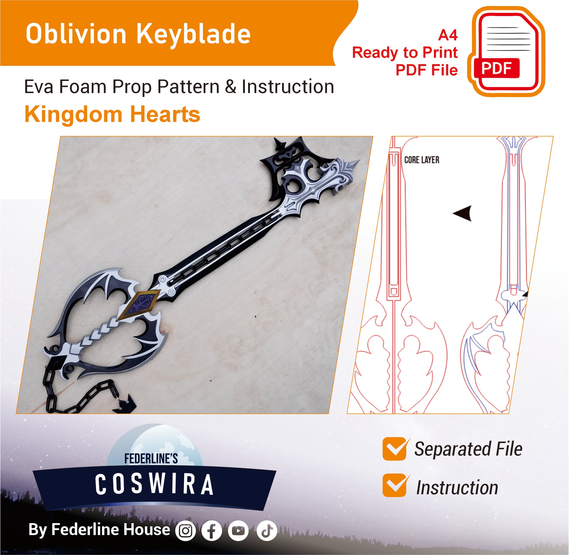 Pattern + Video on YouTube: Oblivion Keyblade from Kingdom Hearts Cosplay Template Blueprint PDF