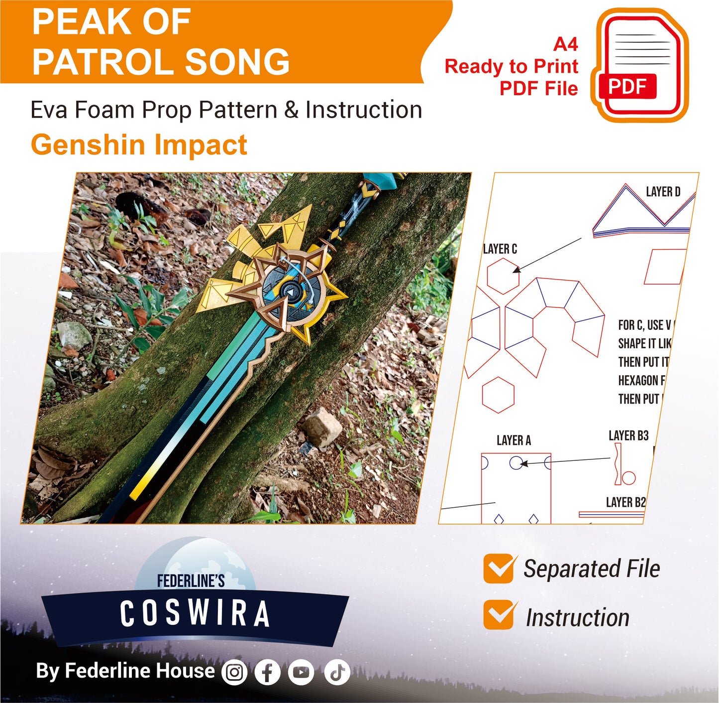 Pattern + Video on YouTube: Peak Patrol Sword from Genshin Impact Cosplay Template Blueprint PDF