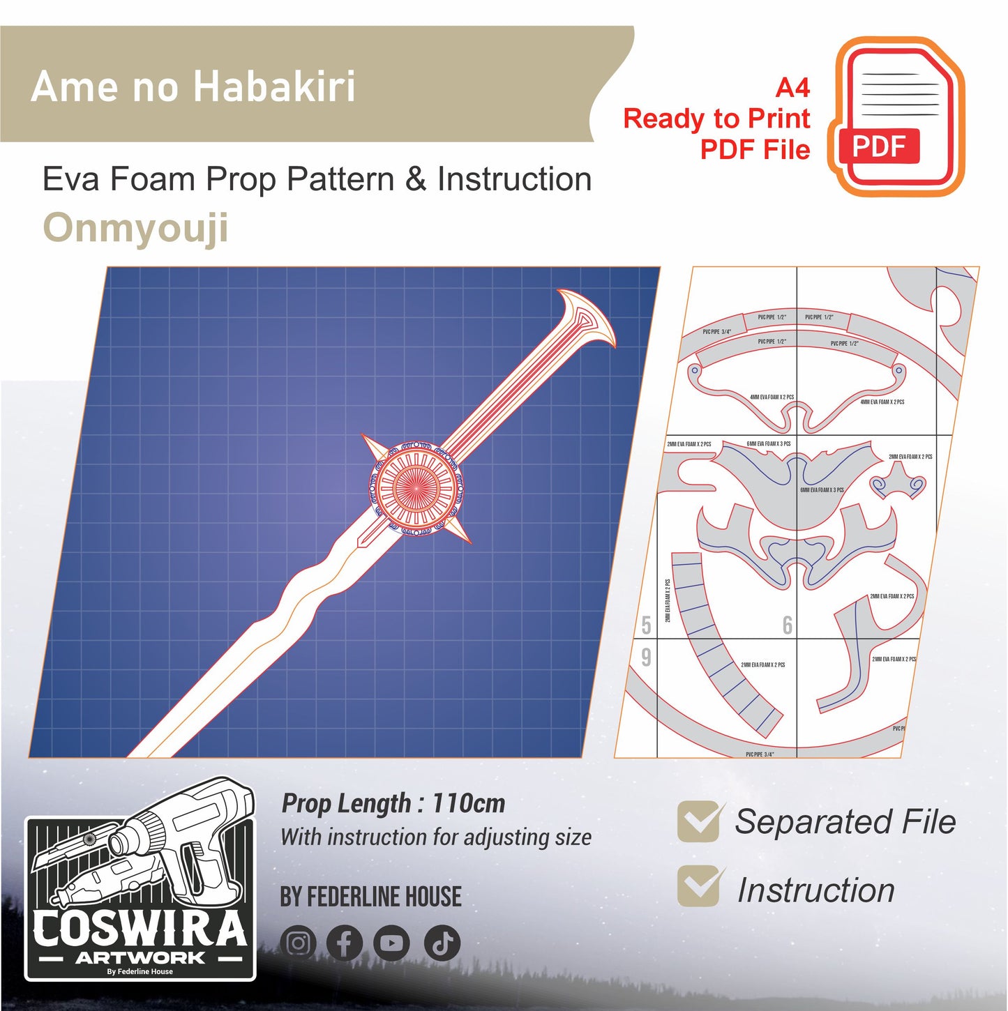 Prop Pattern: Ame no Habakiri from Onmyouji Cosplay Template Blueprint PDF