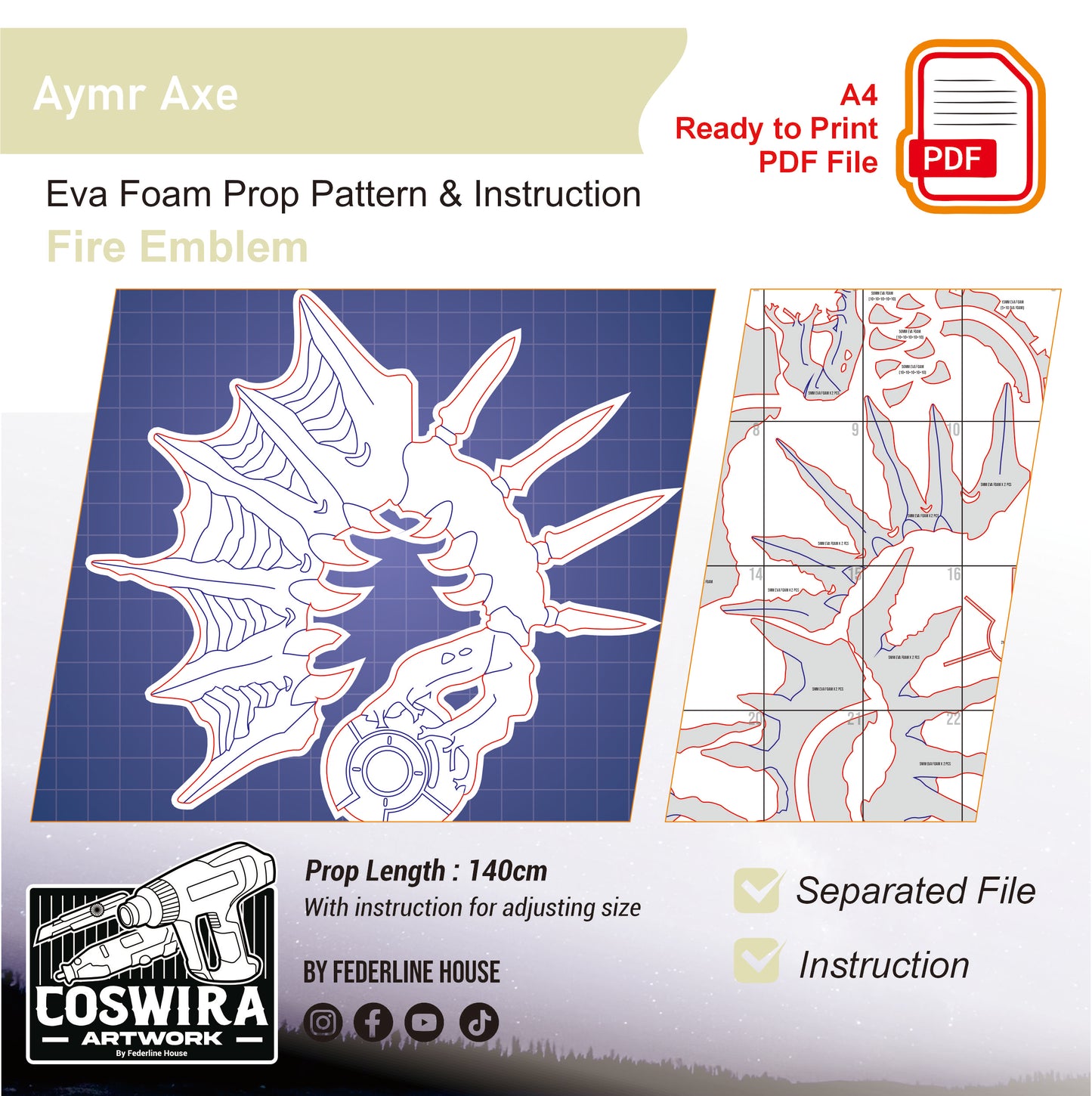 Prop Pattern: Aymr Axe from Fire Emblem Cosplay Template Blueprint PDF