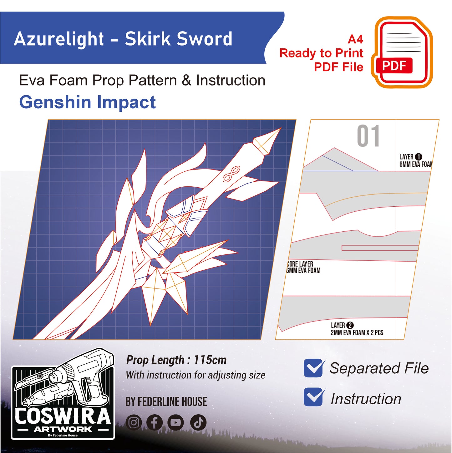 Prop Pattern: Azurelight Skirk Sword from Genshin Impact Cosplay Template Blueprint PDF