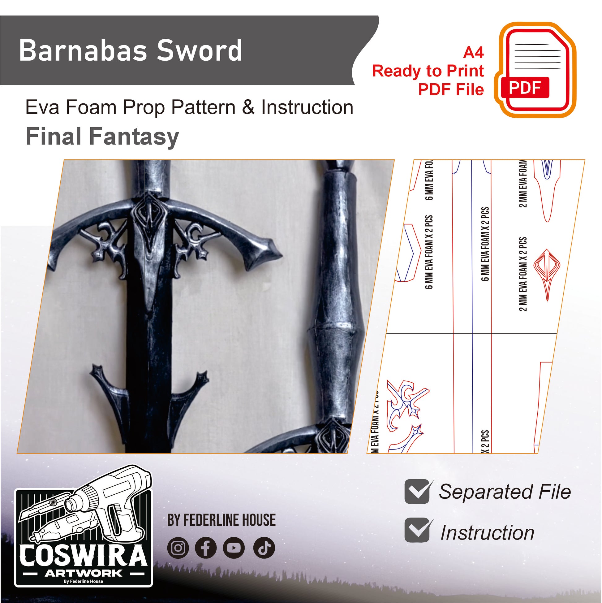 Prop Pattern: Barnabas Sword from Final Fantasy XVI Cosplay Template Blueprint PDF