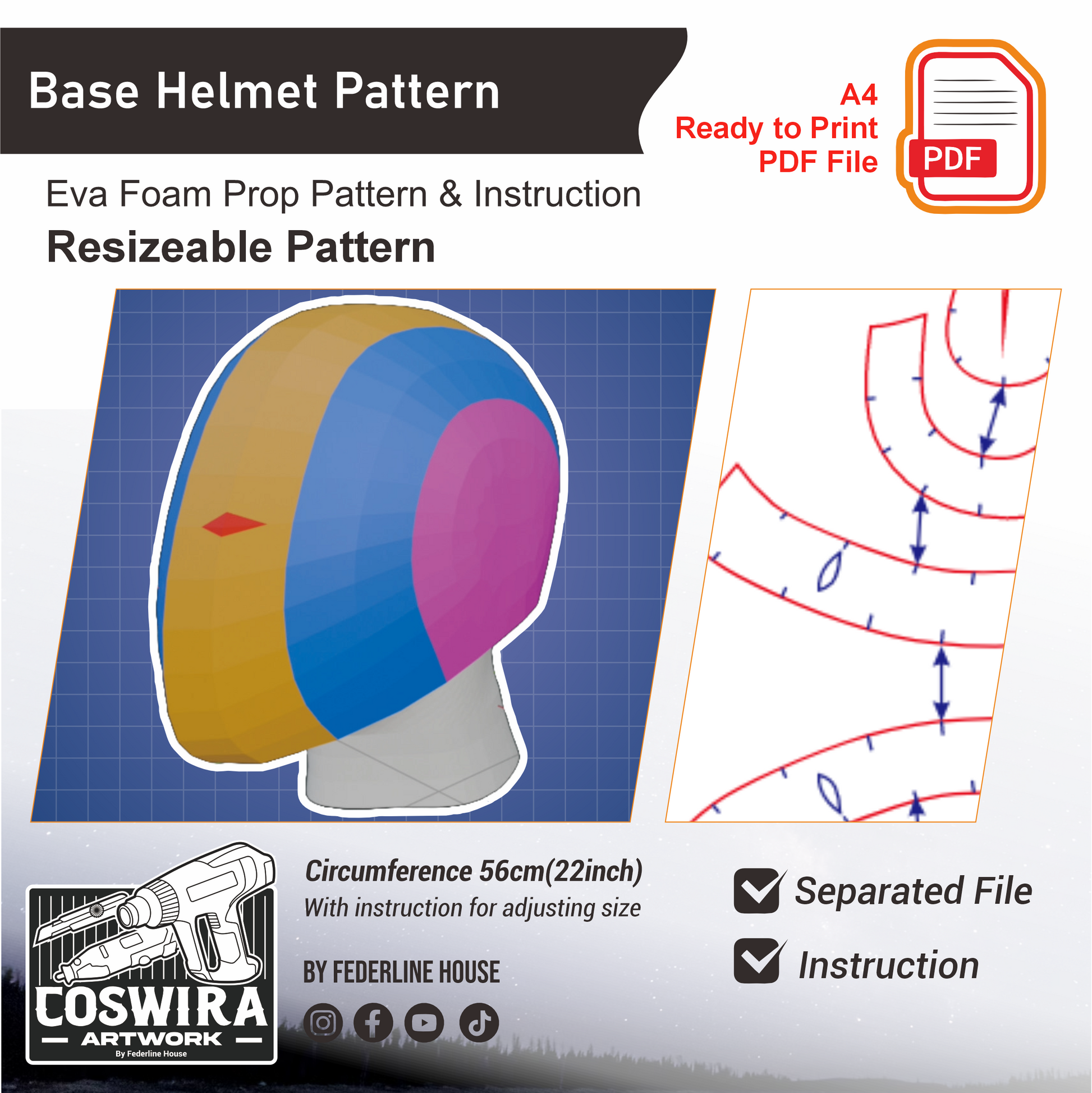 Prop Pattern: Base Helmet Pattern Base Cosplay Template Blueprint PDF