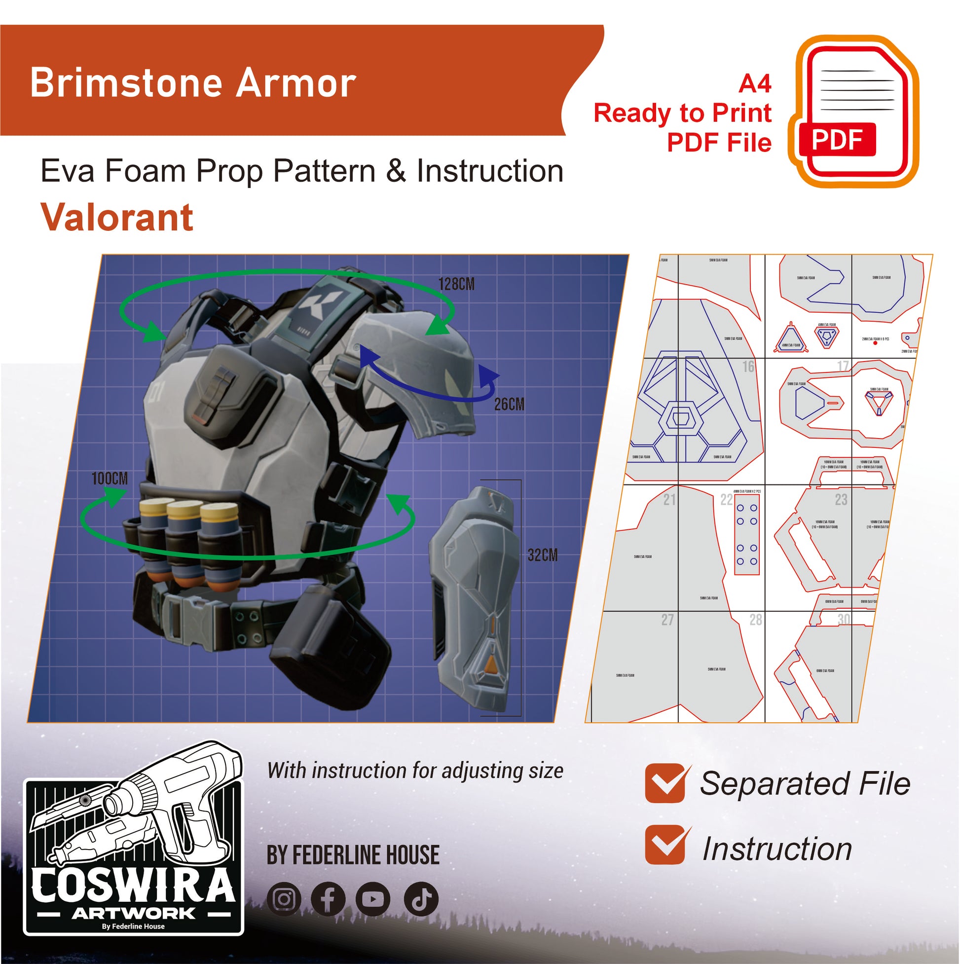 Prop Pattern: Brimstone Armor from Valorant Cosplay Template Blueprint PDF