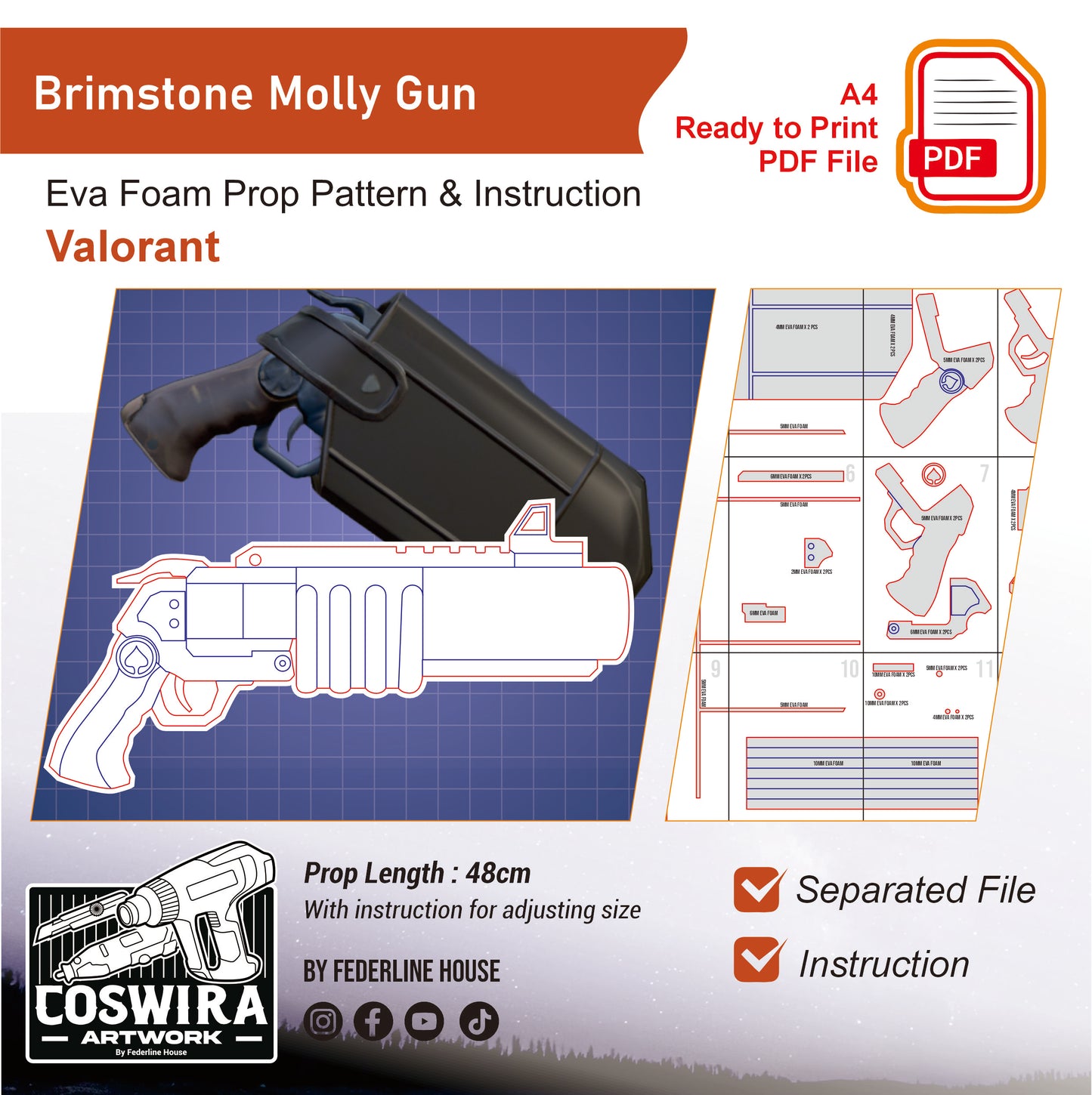 Prop Pattern: Brimstone Molly Gun from Valorant Cosplay Template Blueprint PDF