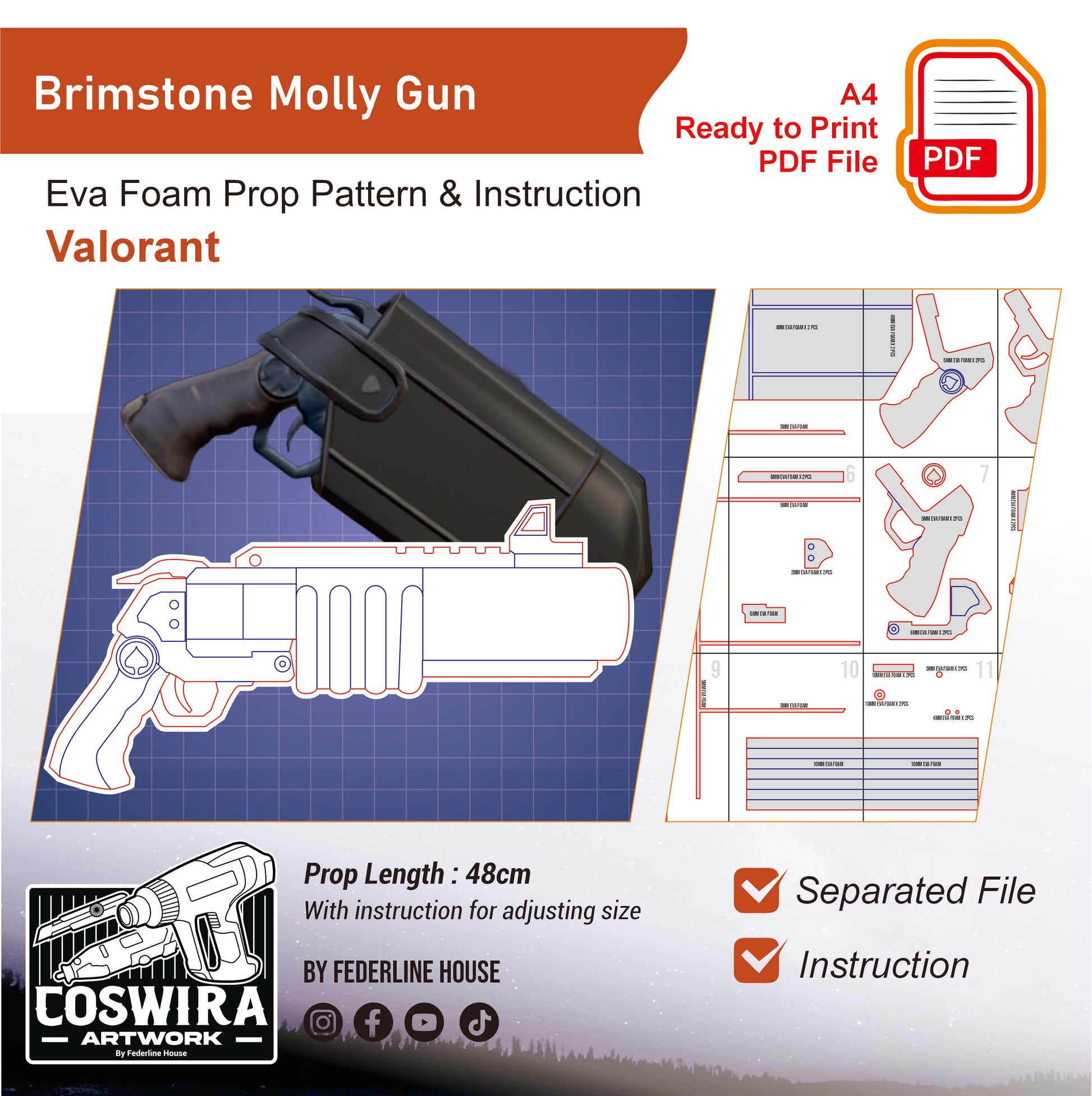 Prop Pattern: Brimstone Molly Gun from Valorant Cosplay Template Blueprint PDF