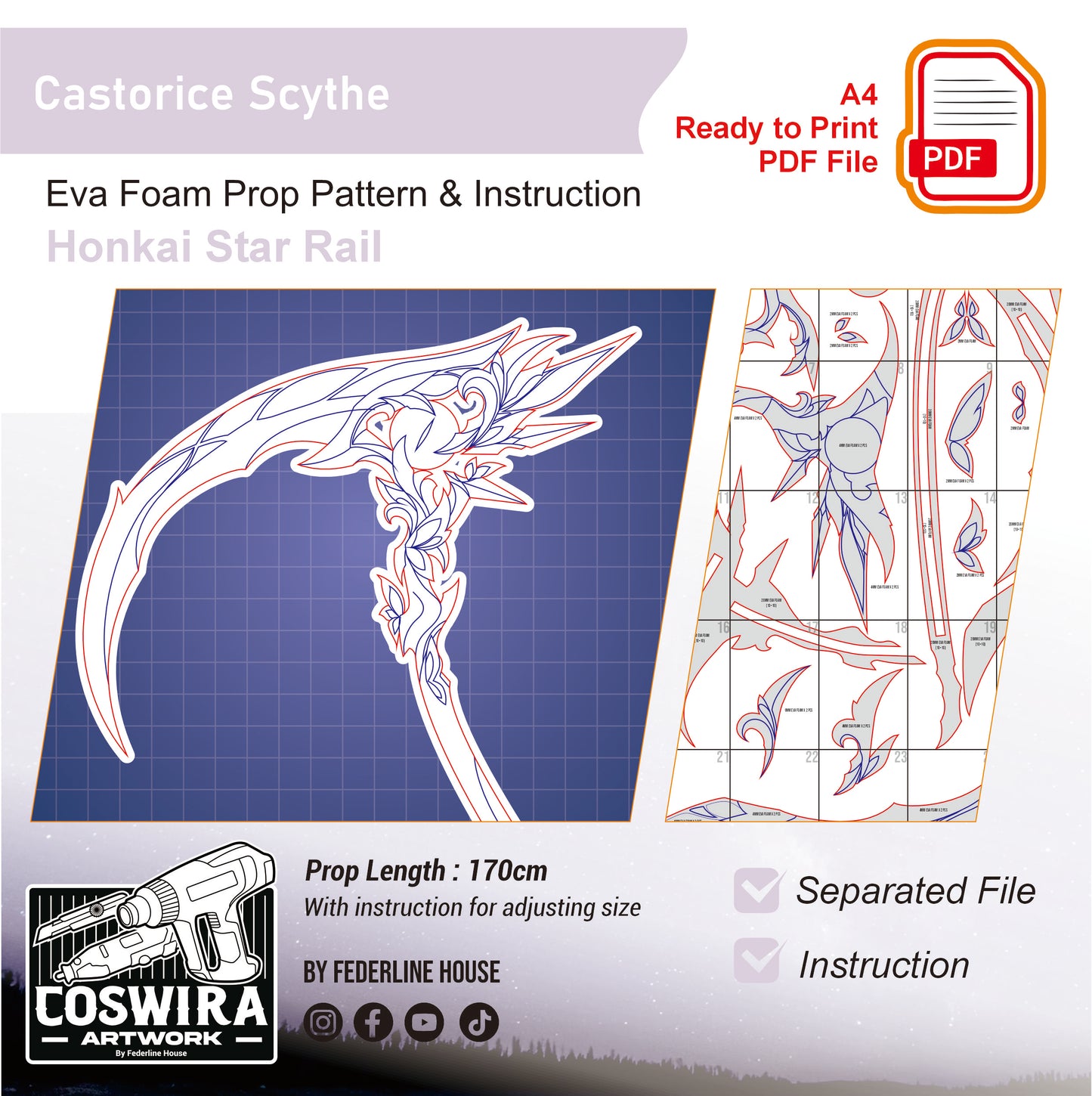 Prop Pattern: Castorice Scythe from Honkai Star Rail Cosplay Template Blueprint PDF