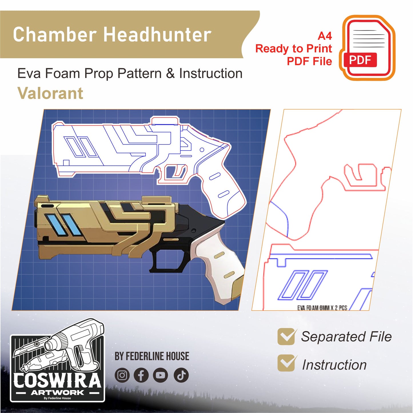 Prop Pattern: Chamber Headhunter from Valorant Cosplay Template Blueprint PDF