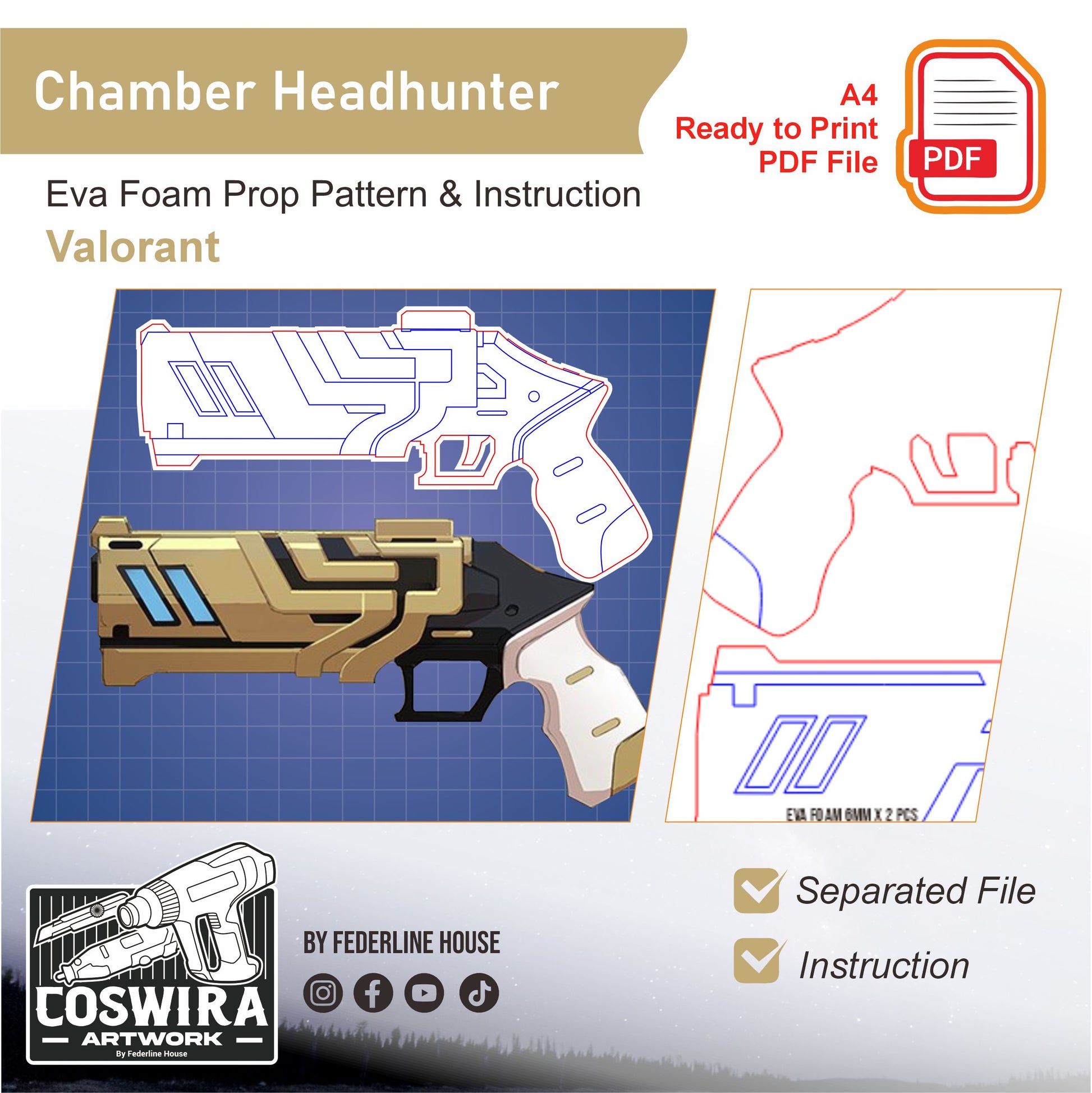 Prop Pattern: Chamber Headhunter from Valorant Cosplay Template Blueprint PDF
