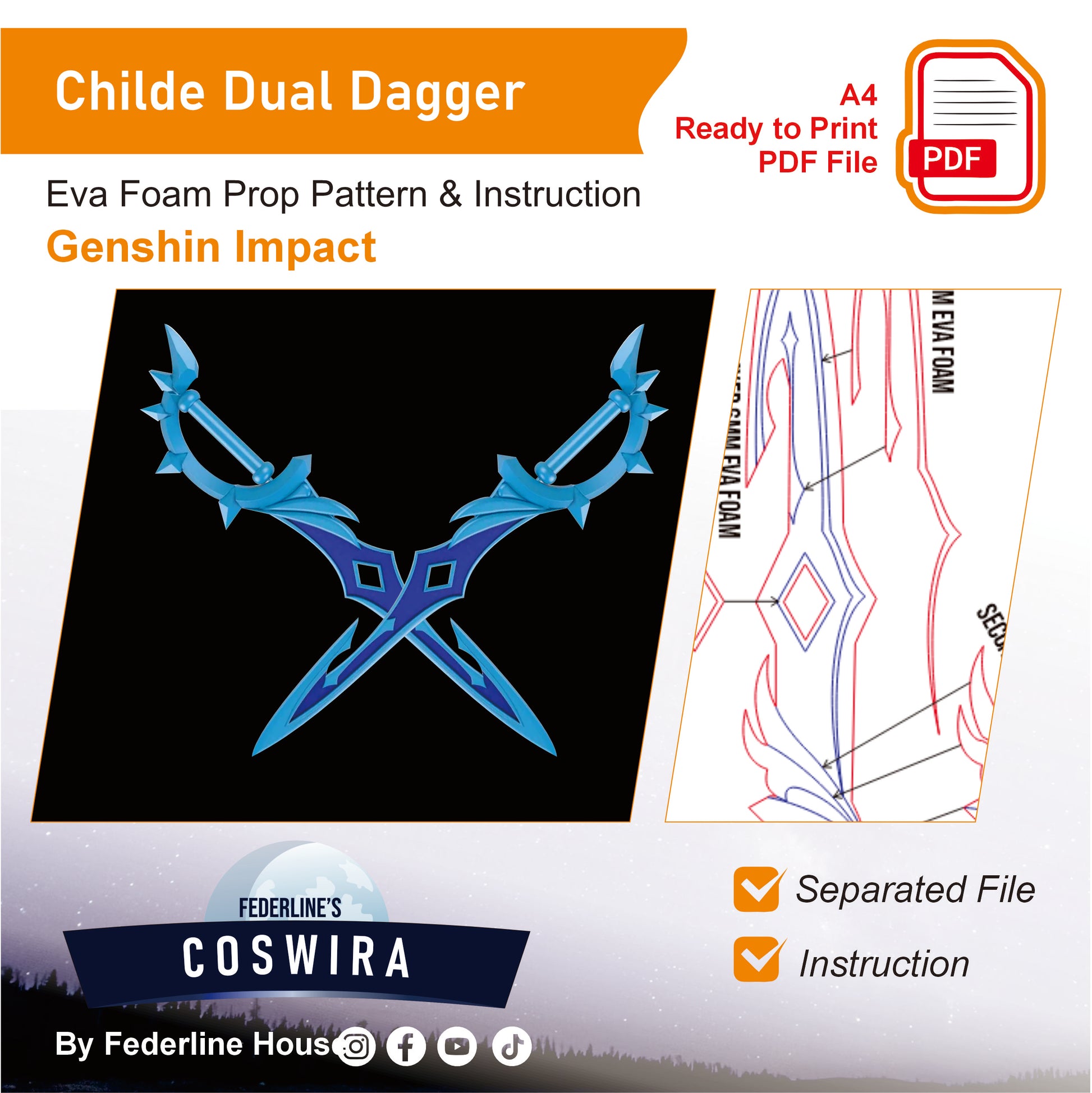 Prop Pattern: Childe Dual Daggers from Genshin Impact Cosplay Template Blueprint PDF