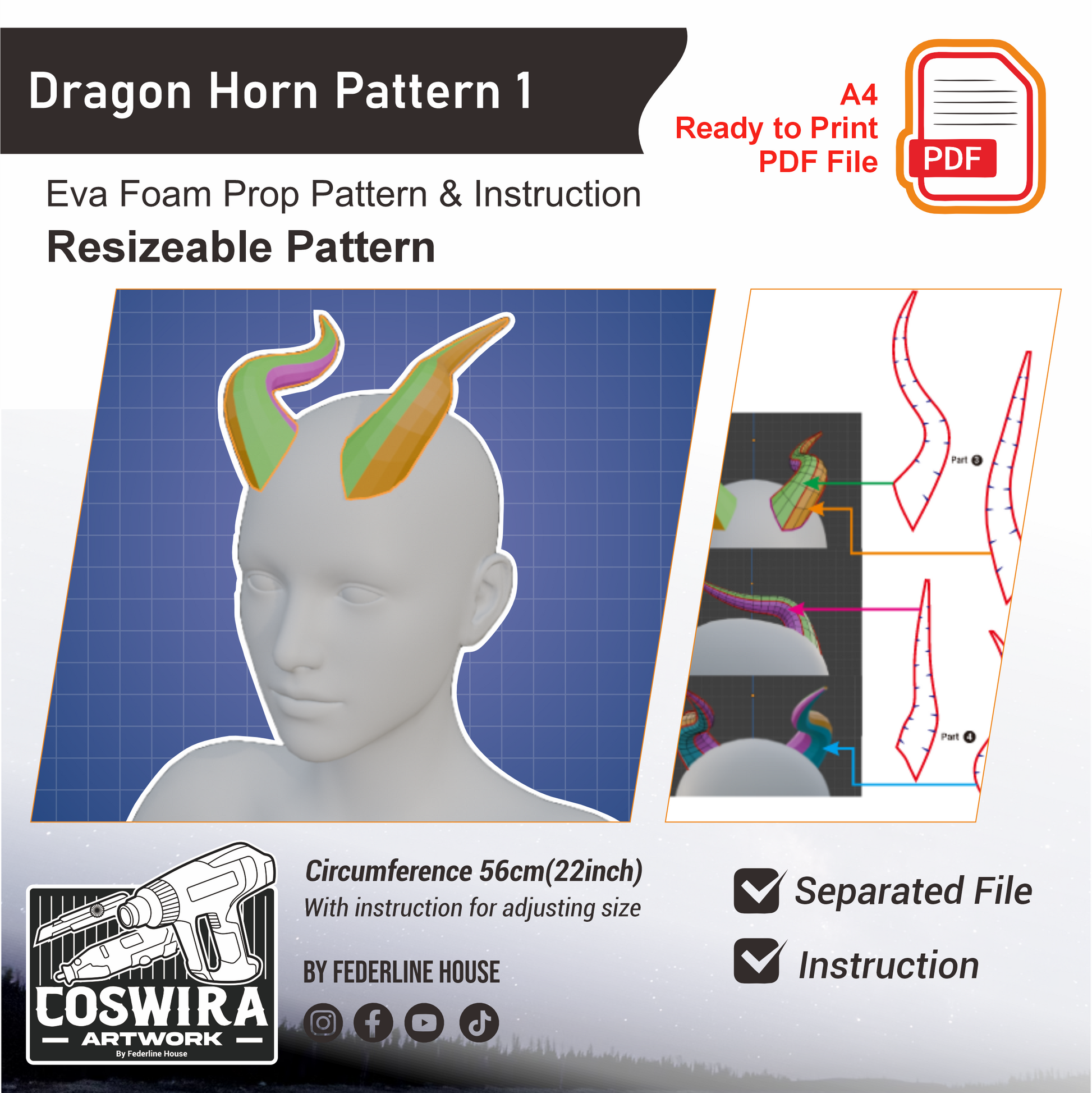 Prop Pattern: Dragon Horn Pattern 1 Basic Pattern Cosplay Template Blueprint PDF