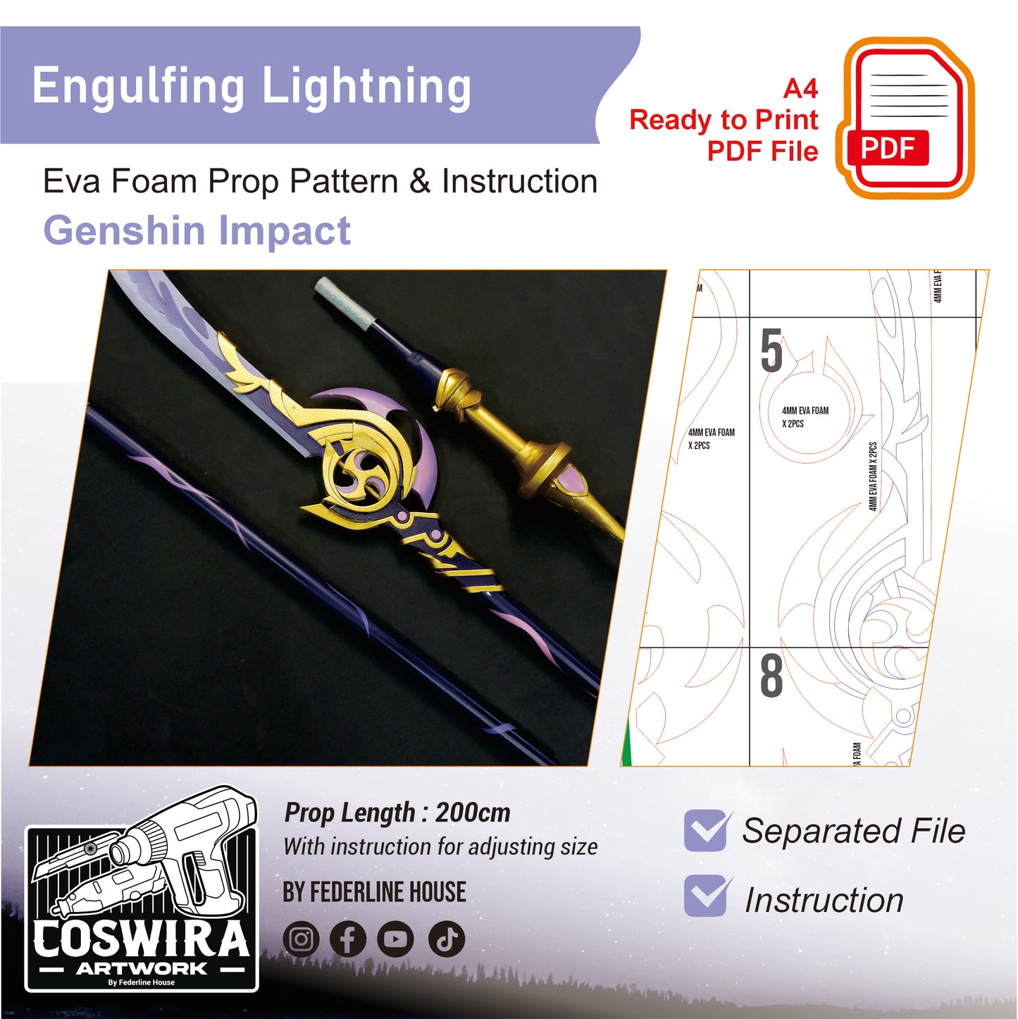Prop Pattern: Engulfing Lightning from Genshin Impact Cosplay Template Blueprint PDF