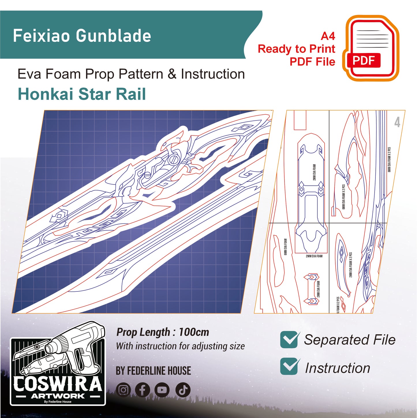 Prop Pattern: Feixiao Gunblade from Honkai Star Rail Cosplay Template Blueprint PDF