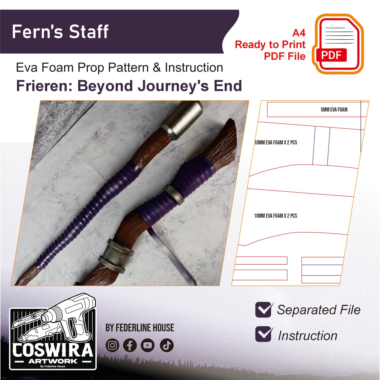 Prop Pattern: Fern Staff from Sousou no Frieren Cosplay Template Blueprint PDF