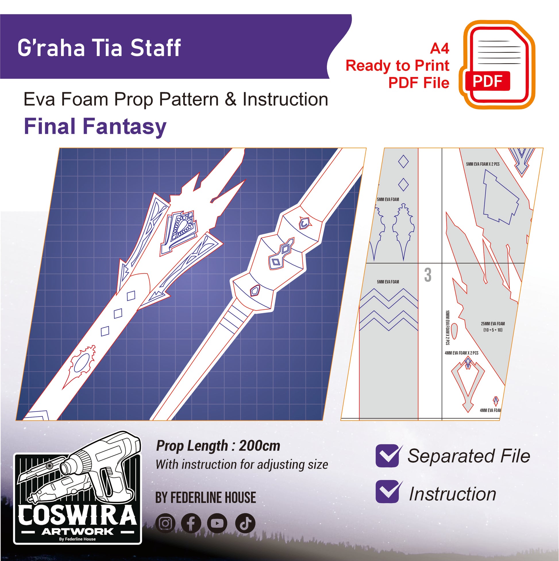 Prop Pattern: Graha Tia Staff from Final Fantasy Cosplay Template Blueprint PDF
