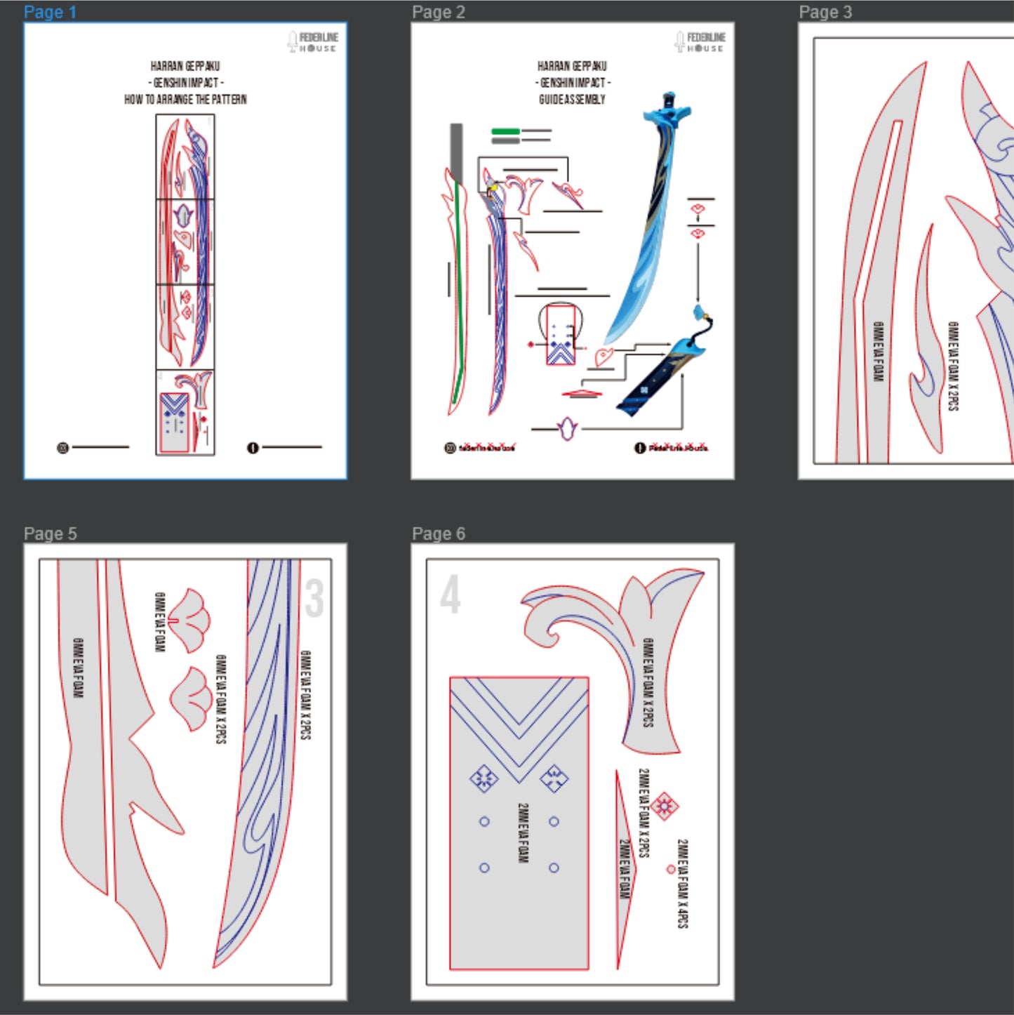Prop Pattern: Haran Geppaku Futsu from Genshin Impact Cosplay Template Blueprint PDF
