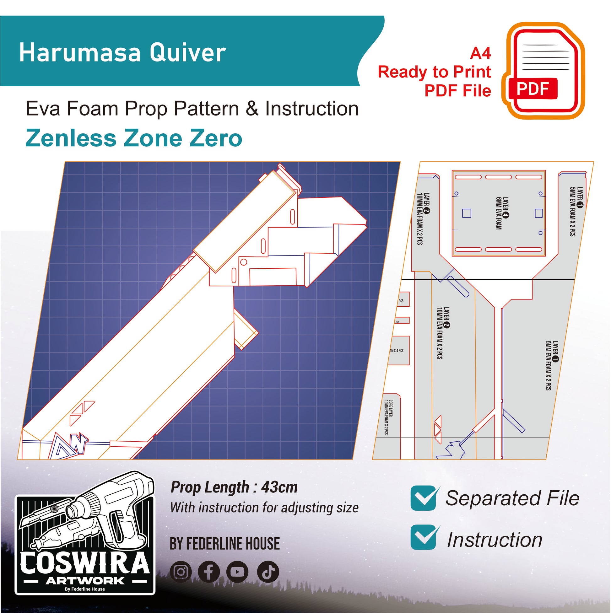 Prop Pattern: Harumasa Quiver from Zenless Zone Zero Cosplay Template Blueprint PDF