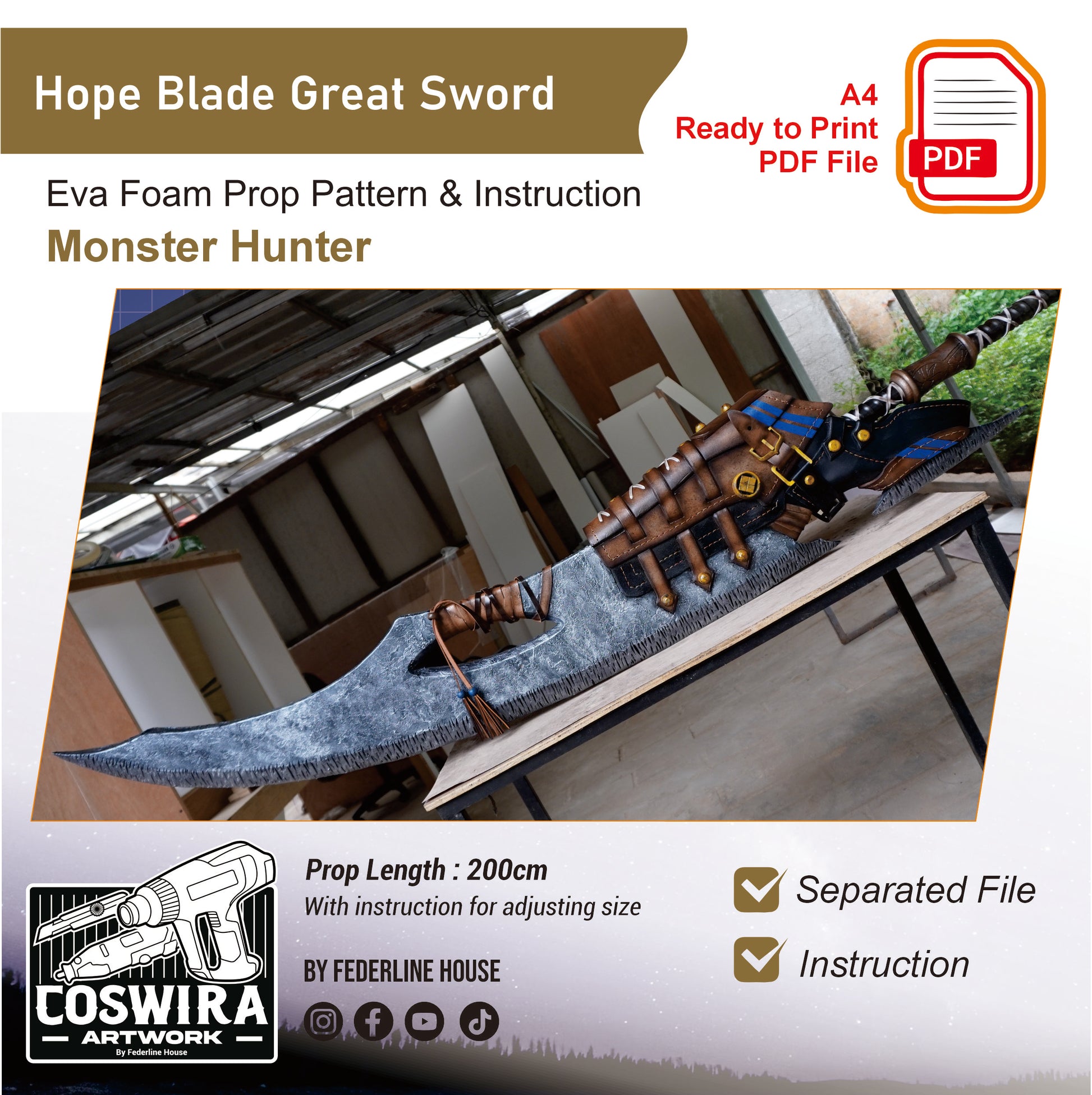 Prop Pattern: Hope Blade from Monster Hunter Cosplay Template Blueprint PDF