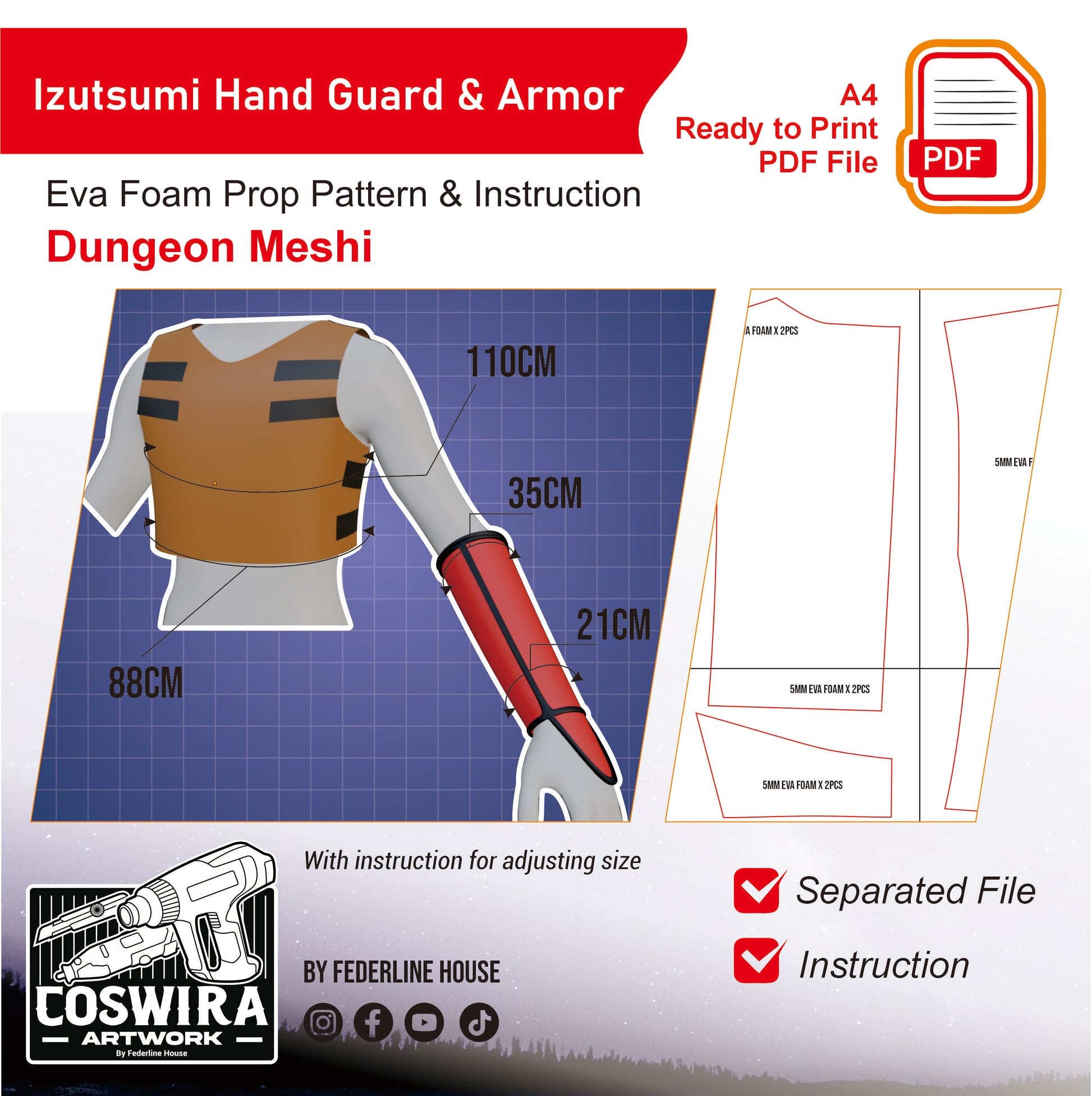 Prop Pattern: Izutsumi Hand Guard & Armor from Dungeon Meshi Cosplay Template Blueprint PDF