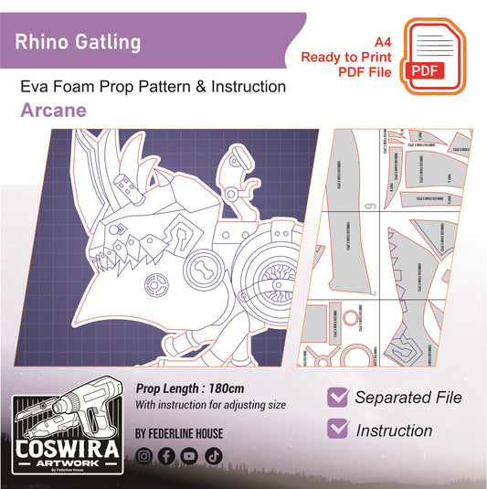 Prop Pattern: Jinx Rhino Gatling Gun Non Functional Gatling Eva Foam Cosplay from Arcane League of Legends Template Blueprint PDF