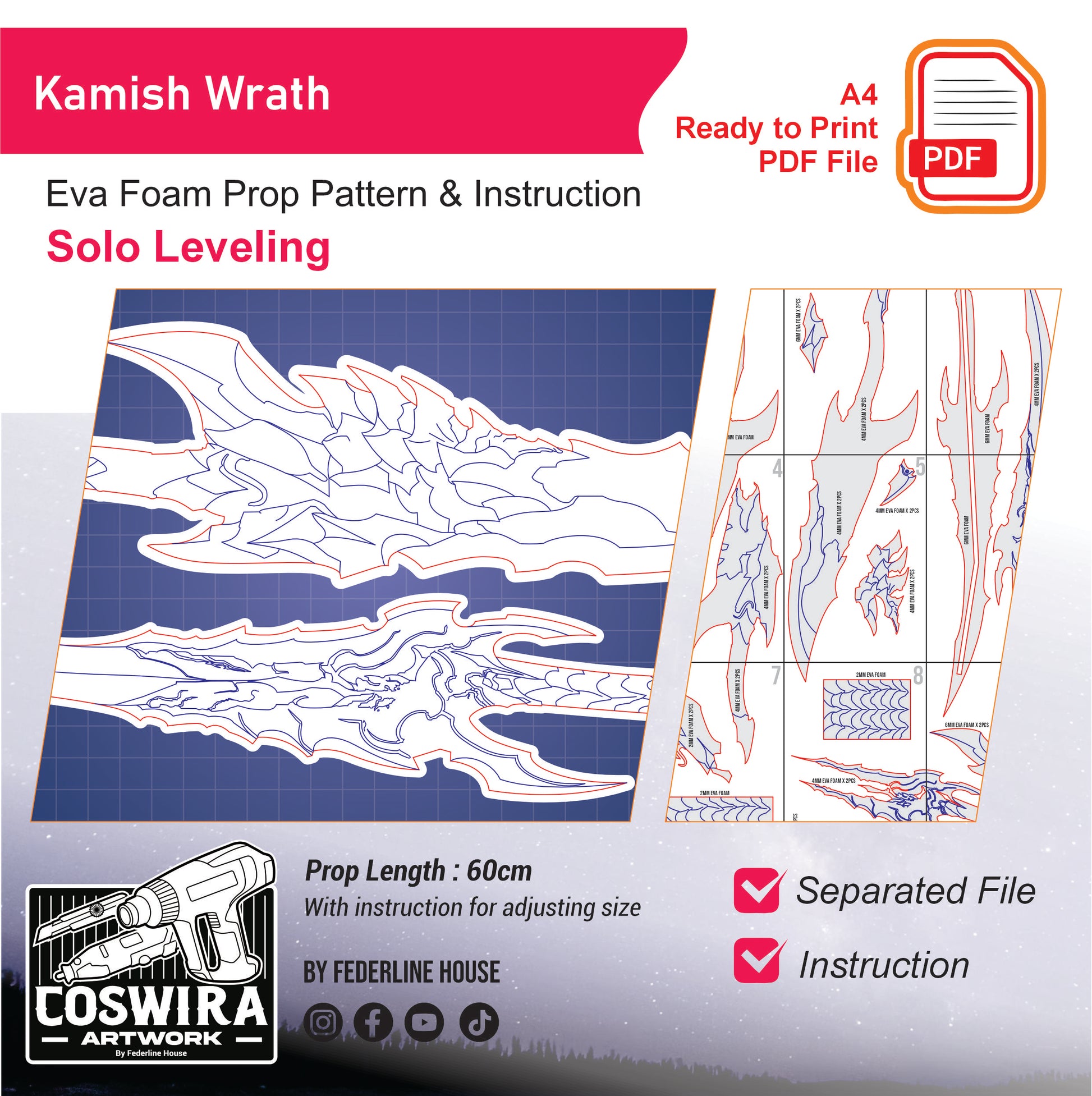 Prop Pattern: Kamish Wrath Dual Dagger from Solo Leveling Cosplay Template Blueprint PDF