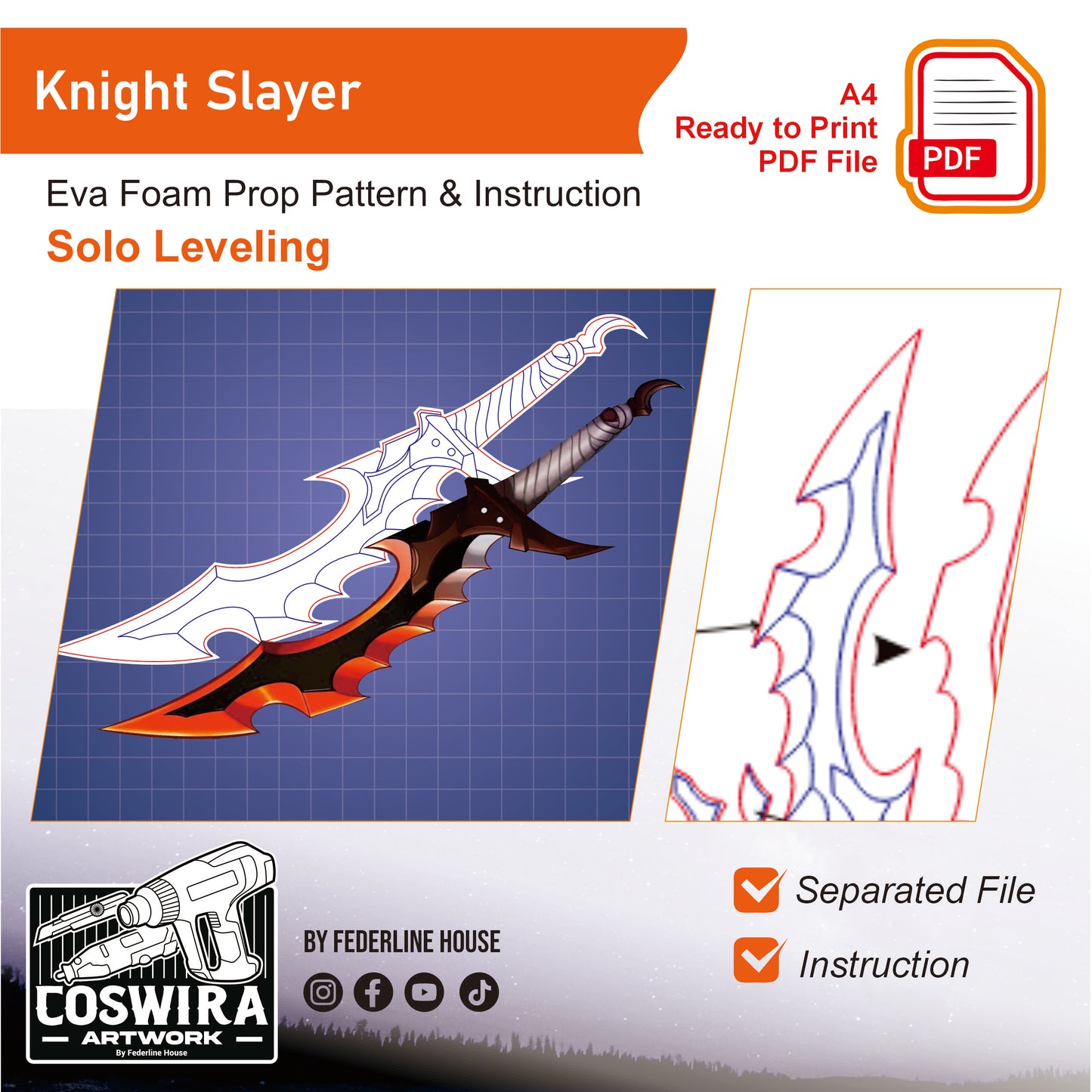 Prop Pattern: Knight Slayer Sword from Solo Leveling Cosplay Template Blueprint PDF