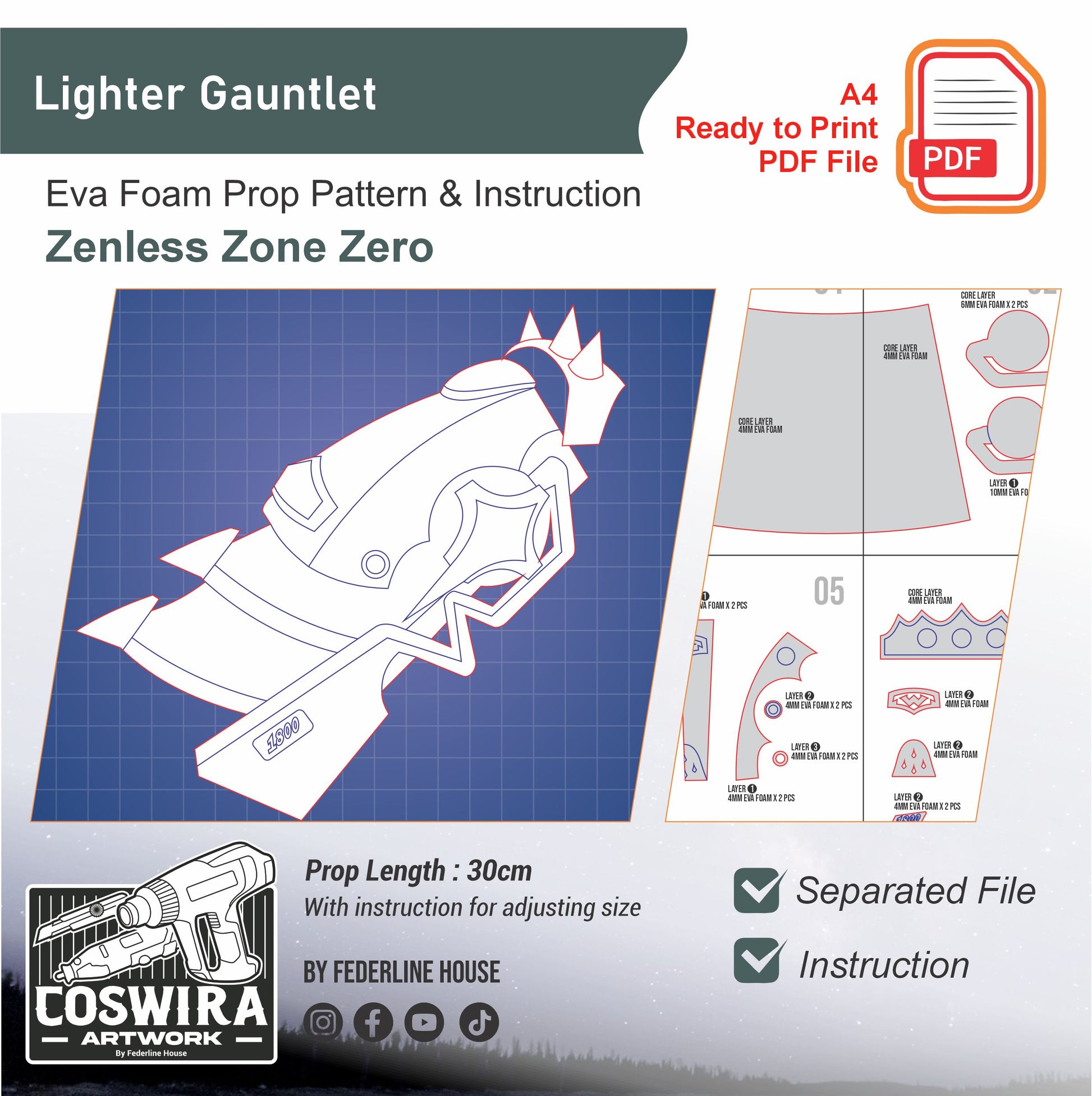 Prop Pattern: Lighter Gauntlet from Zenless Zone Zero Cosplay Template Blueprint PDF