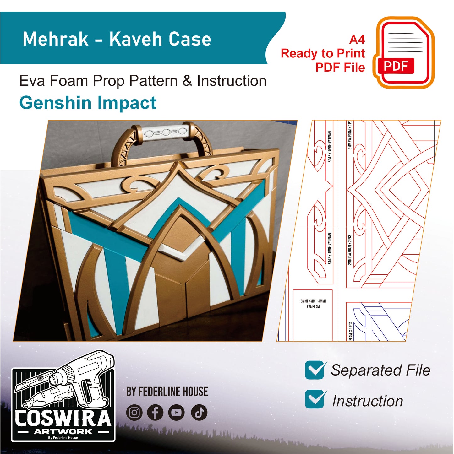 Prop Pattern: Mehrak Kaveh Case from Genshin Impact Cosplay Template Blueprint PDF