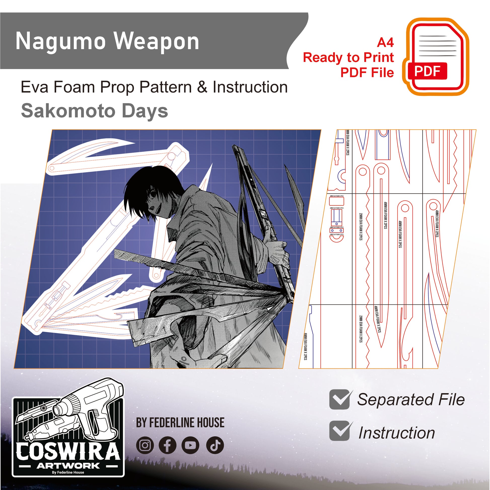 Prop Pattern: Nagumo Weapon Knife from Sakamoto Days Cosplay Template Blueprint PDF