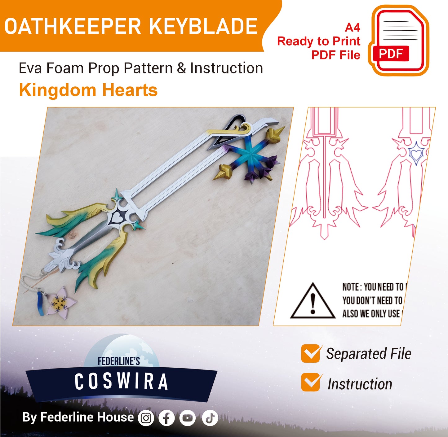 Prop Pattern: Oathkeeper Keyblade from Kingdom Hearts Cosplay Template Blueprint PDF