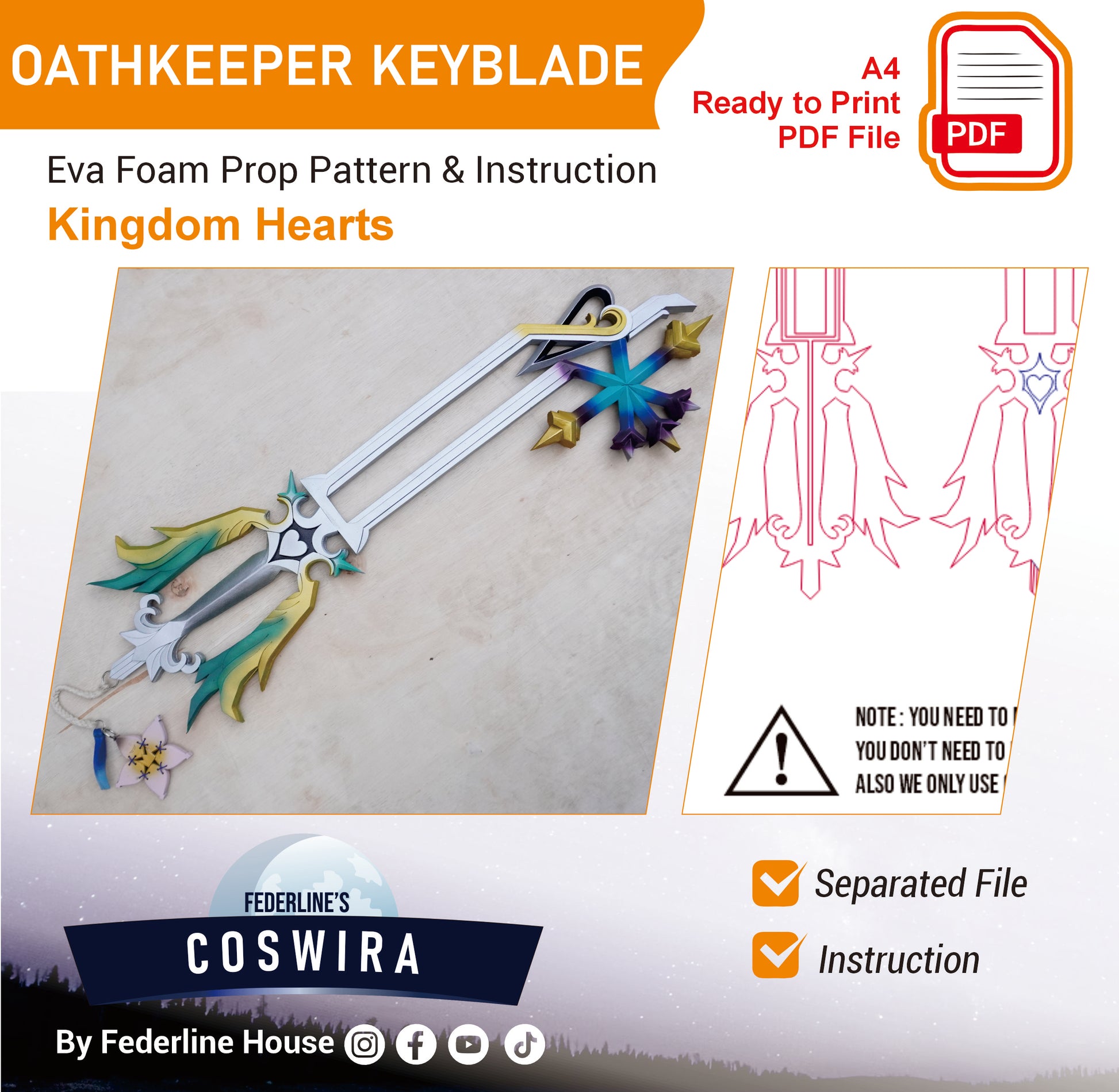 Prop Pattern: Oathkeeper Keyblade from Kingdom Hearts Cosplay Template Blueprint PDF
