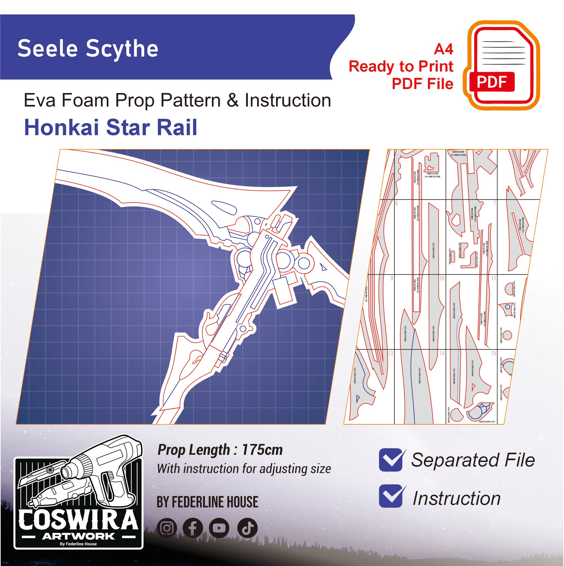 Prop Pattern: Seele Scythe from Honkai Star Rail Cosplay Template Blueprint PDF
