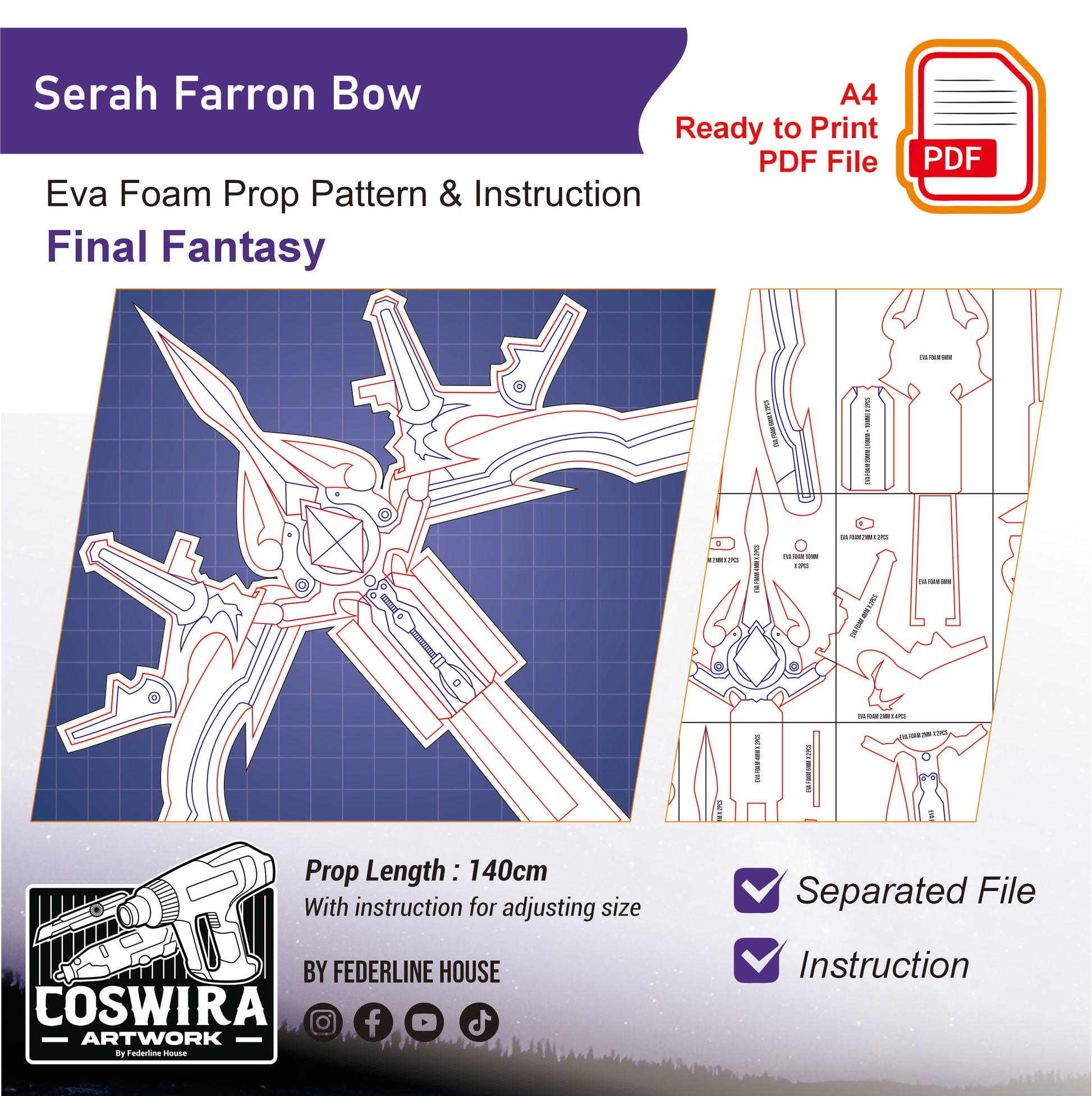 Prop Pattern: Serah Farron Bow from Final Fantasy Cosplay Template Blueprint PDF