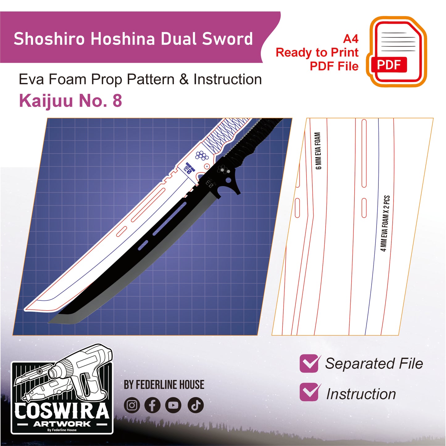 Prop Pattern: Soshiro Hoshina Dual Sword from Kaiju No. 8 Cosplay Template Blueprint PDF
