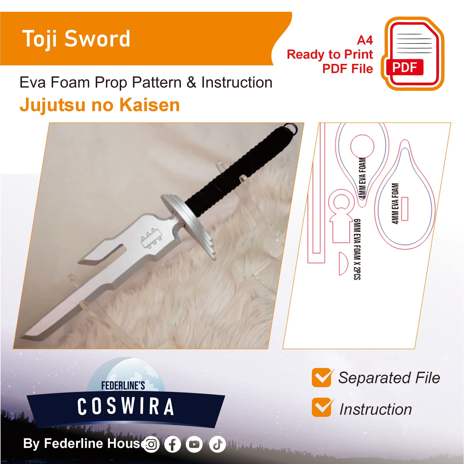 Prop Pattern: Toji Sword from Jujutsu Kaisen Cosplay Template Blueprint PDF