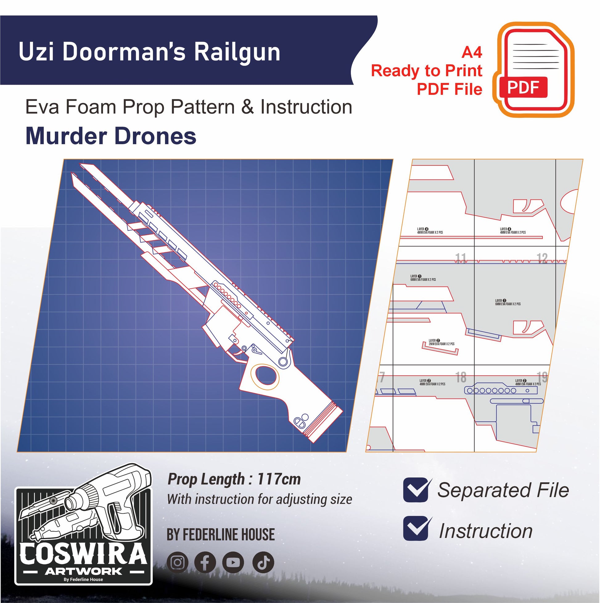 Prop Pattern: Uzi Doorman’s Railgun from Murder Drones Cosplay Template Blueprint PDF