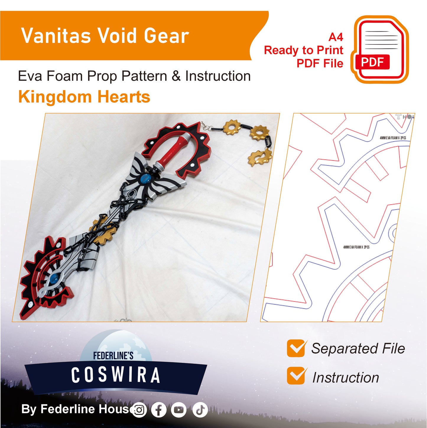 Prop Pattern: Vanitas Void Gear Keyblade from Kingdom Hearts Cosplay Template Blueprint PDF