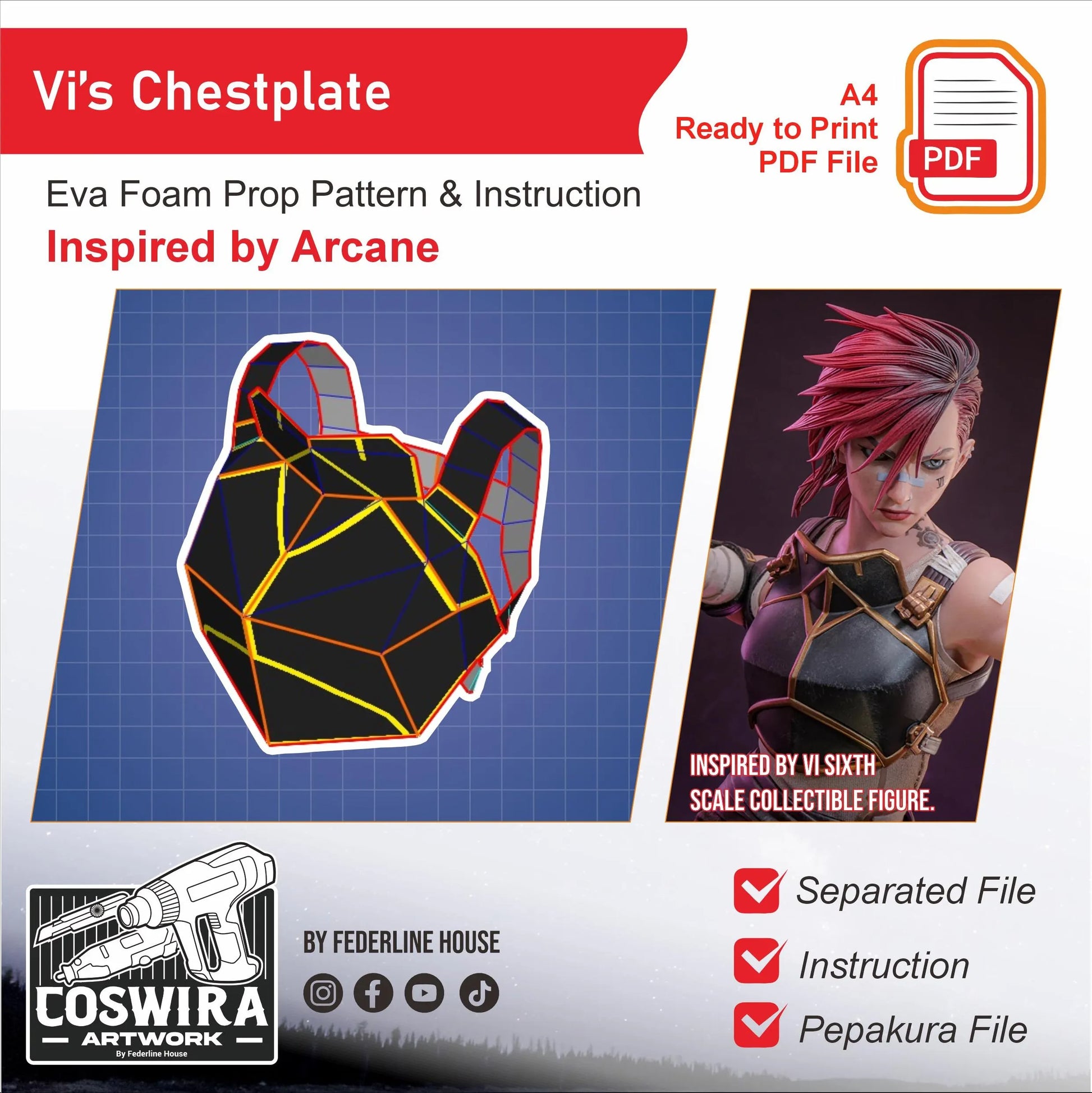 Prop Pattern: Vi Chestplate from Arcane League of Legends Cosplay Template Blueprint PDF