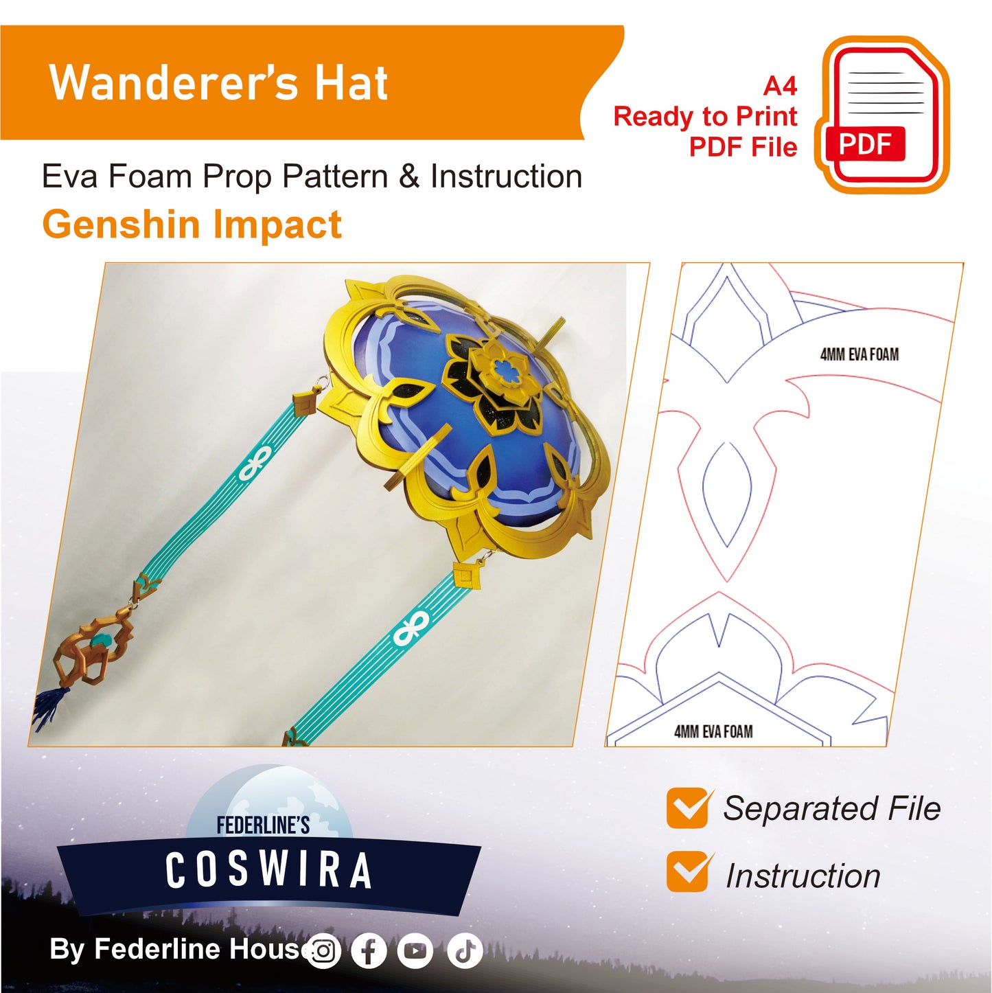 Prop Pattern: Wanderer Hat from Genshin Impact Cosplay Template Blueprint PDF