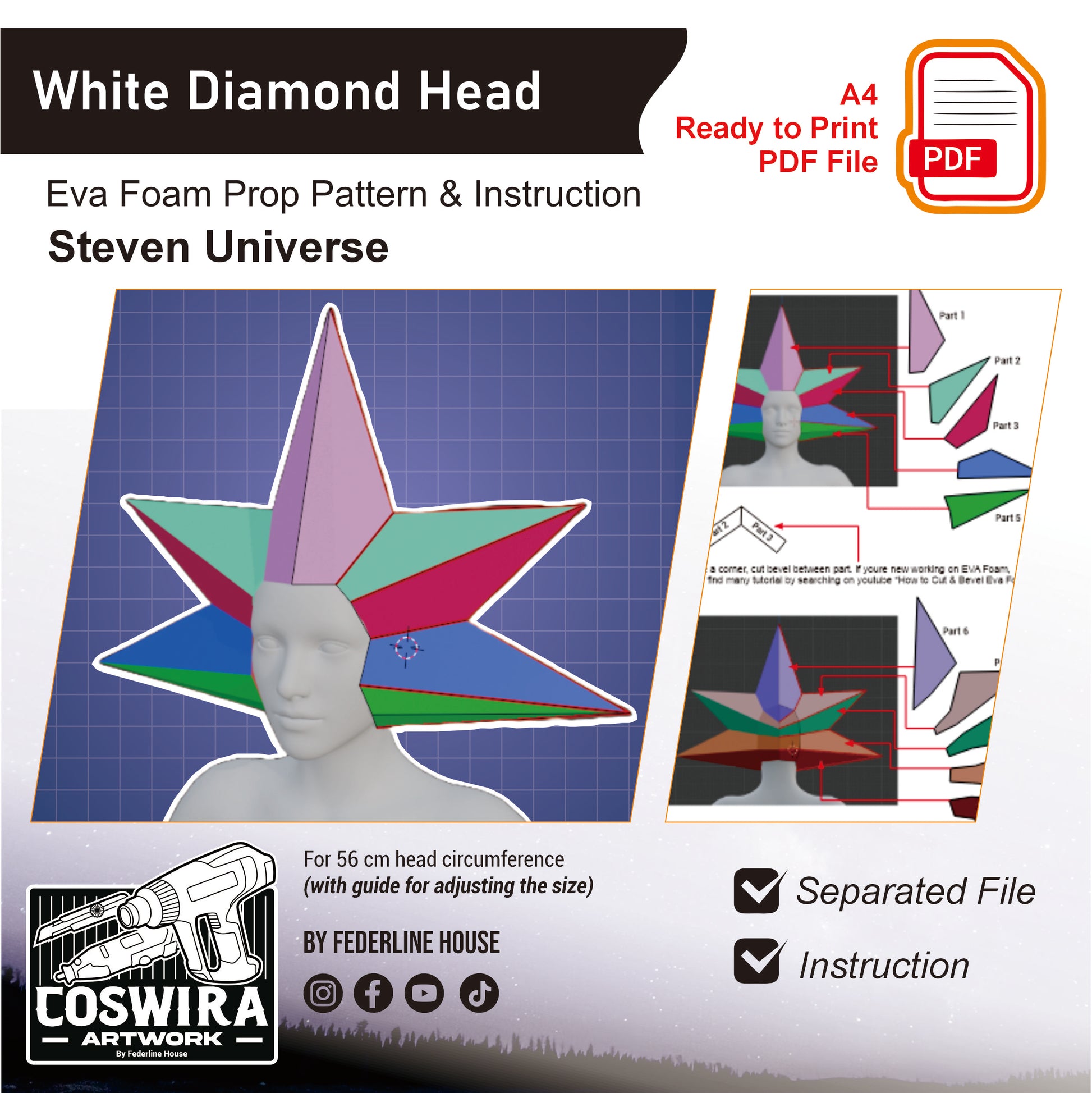 Prop Pattern: White Diamond Head from Steven Universe Cosplay Template Blueprint PDF