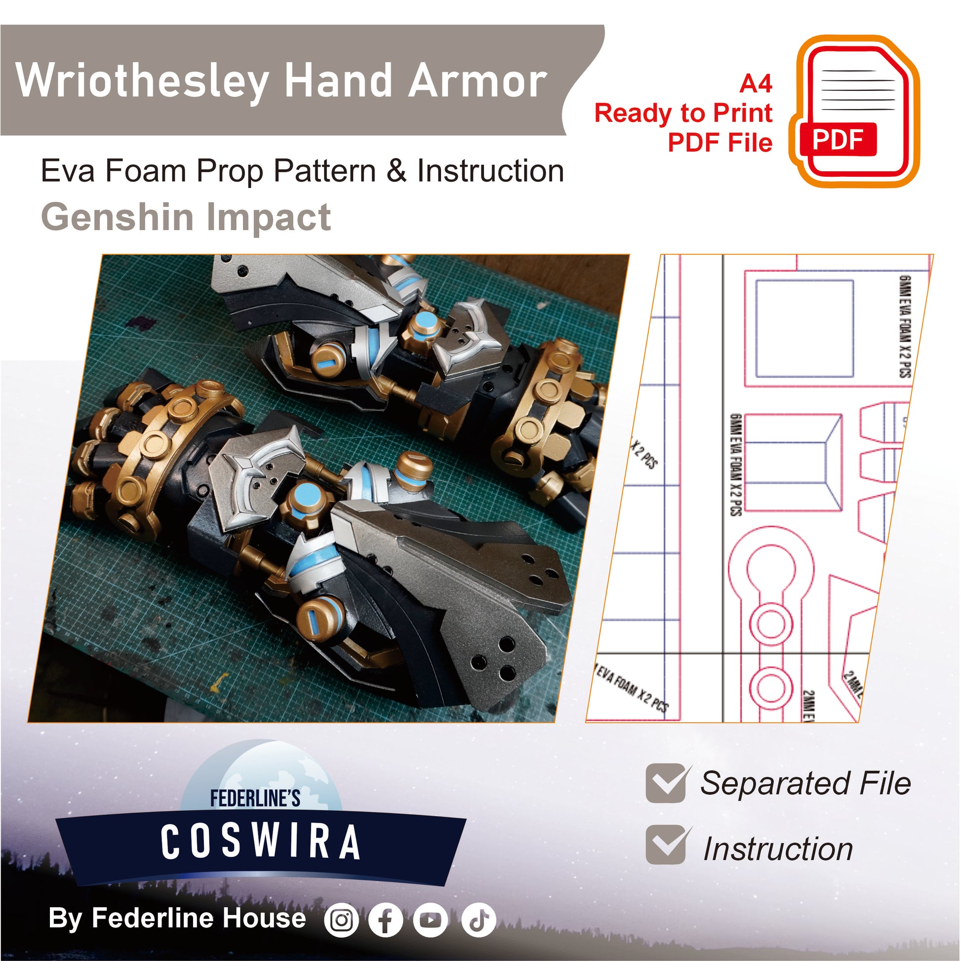 Prop Pattern: Wriothesley Hand Armor from Genshin Impact Cosplay Template Blueprint PDF