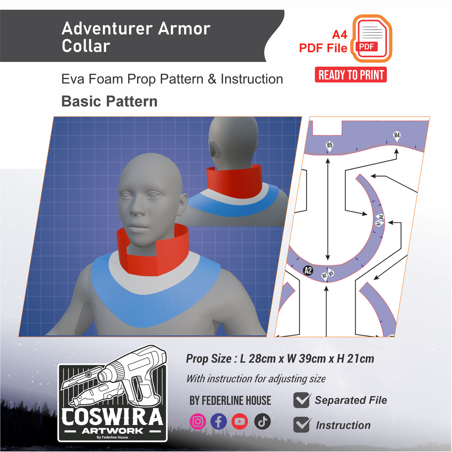 Adventurer Armor Collar Basic Pattern Template – EVA Foam Cosplay PDF for DIY Armor