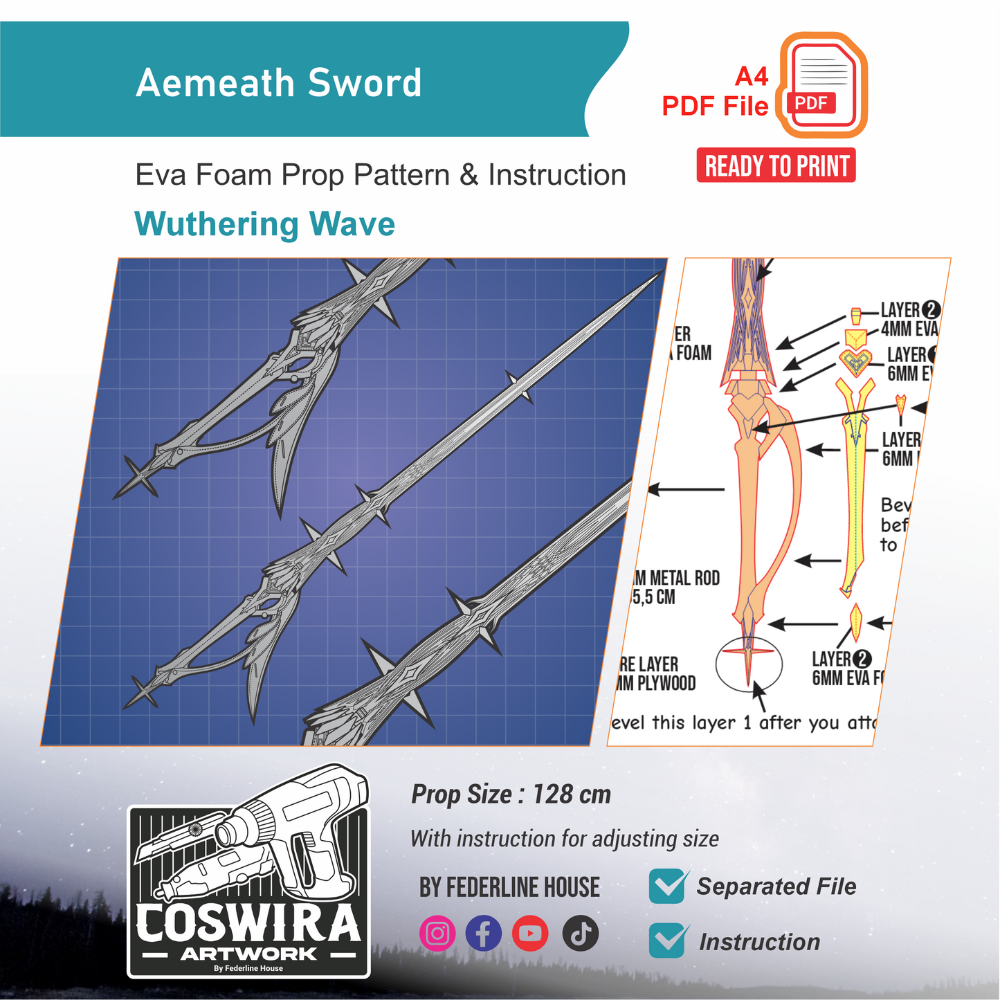 Aemeth Sword Prop Pattern Template – EVA Foam Pattern for Cosplay and DIY Builds Inspired by Fantasy Weapon Design